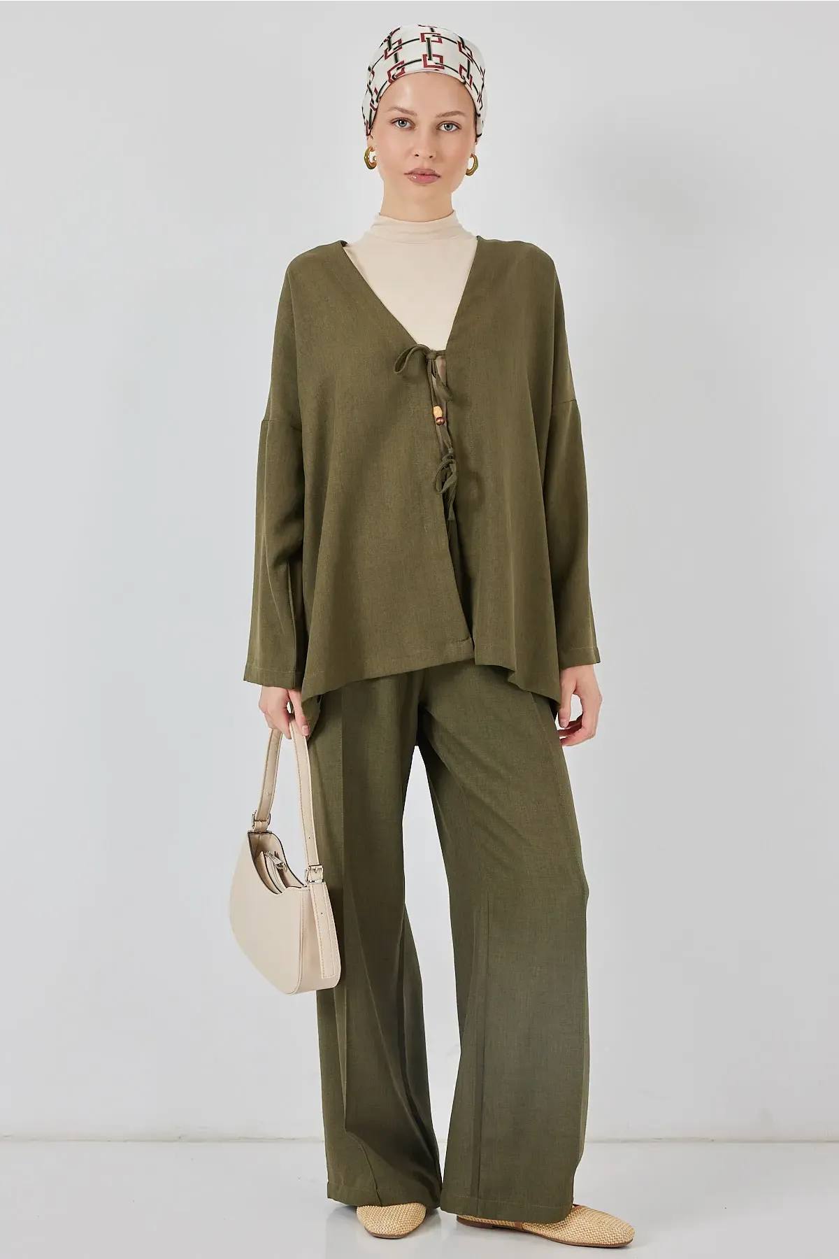 Kadın Keten Kimono İkili Takım 6727 - Haki