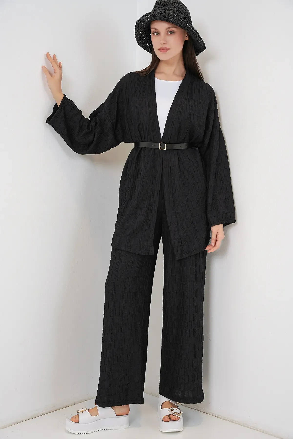 Kadın Kimono Pantolon İkili Takım 30078 - Siyah