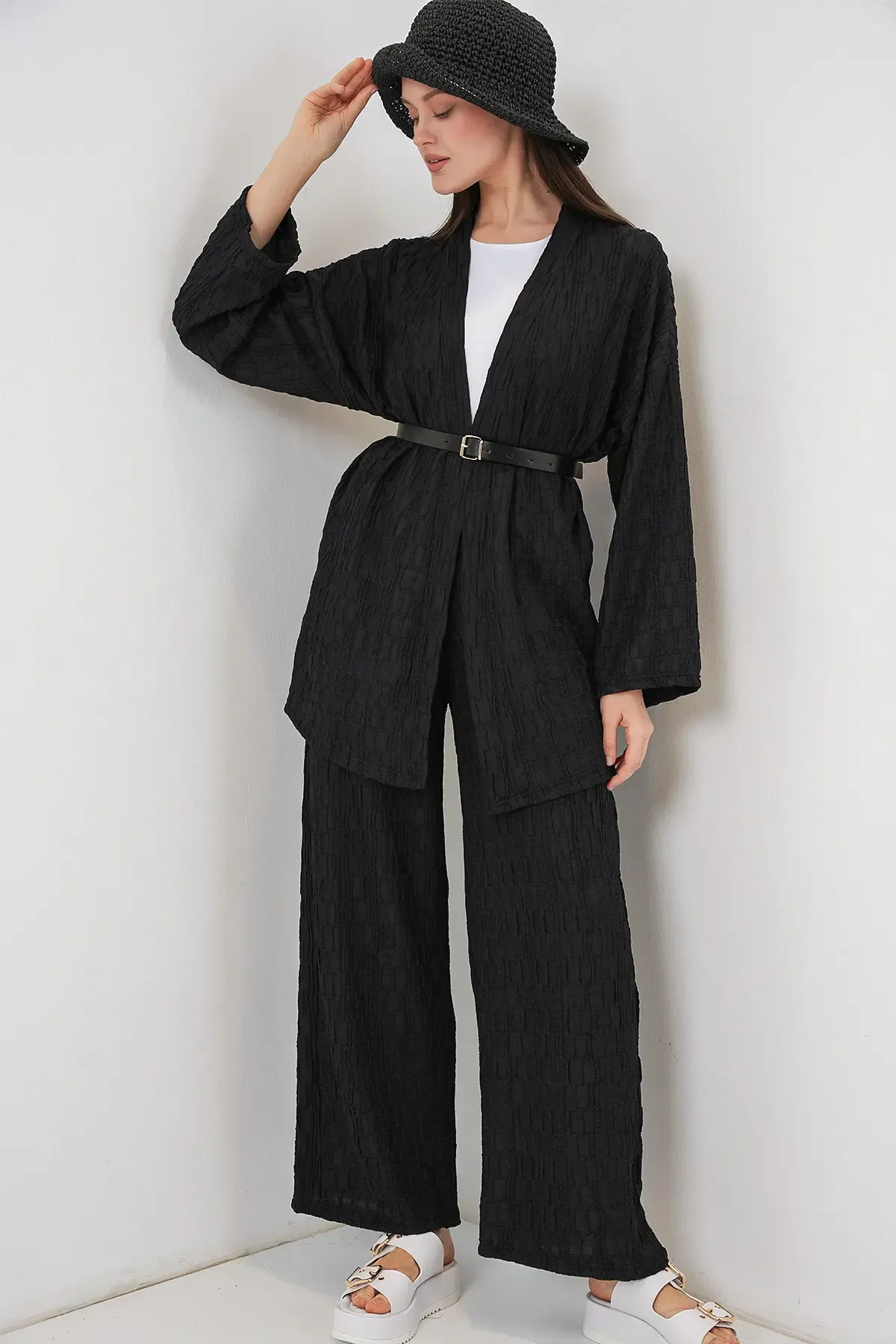 Kadın Kimono Pantolon İkili Takım 30078 - Siyah