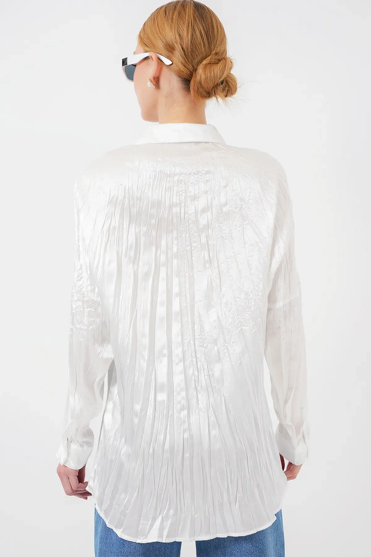 Kadın Kırışık Saten Gömlek 20316 - Beyaz