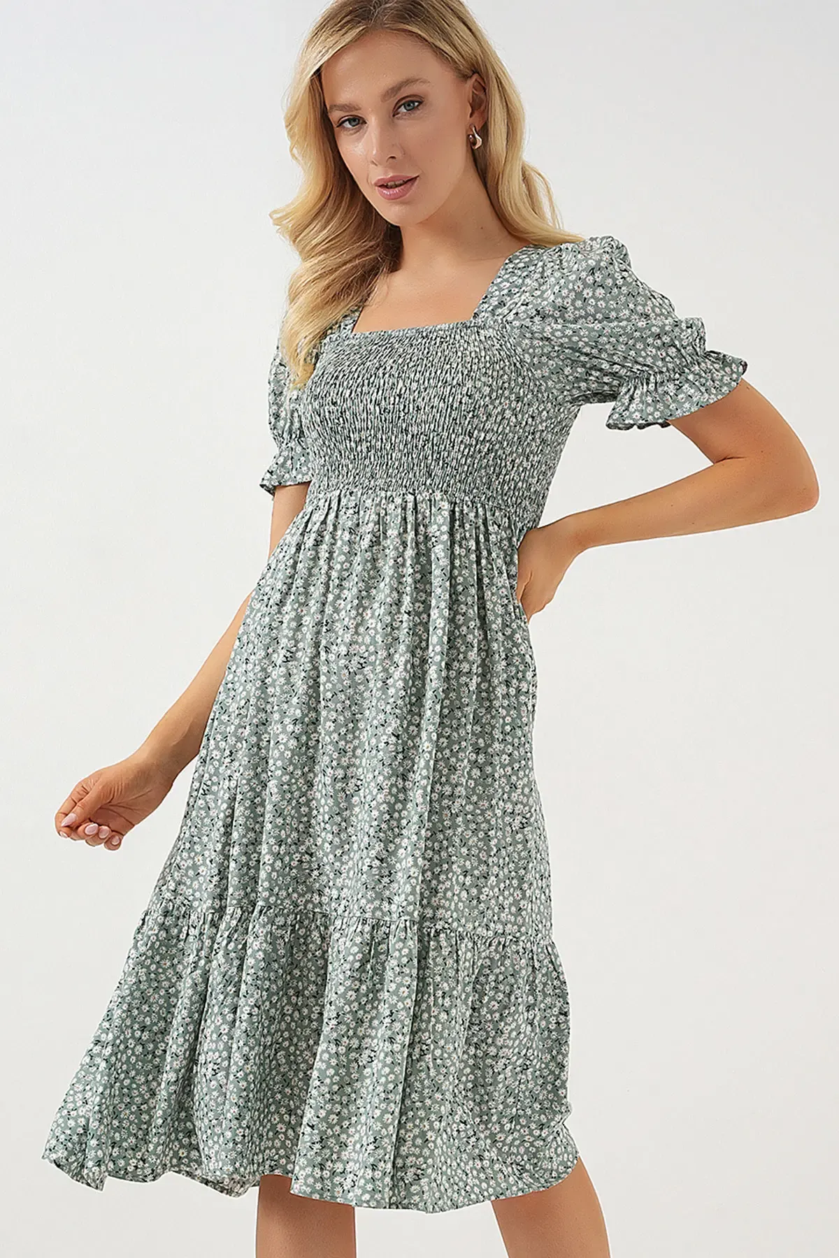 Kadın Kısa Kol Çiçekli Elbise 2556 - Mint