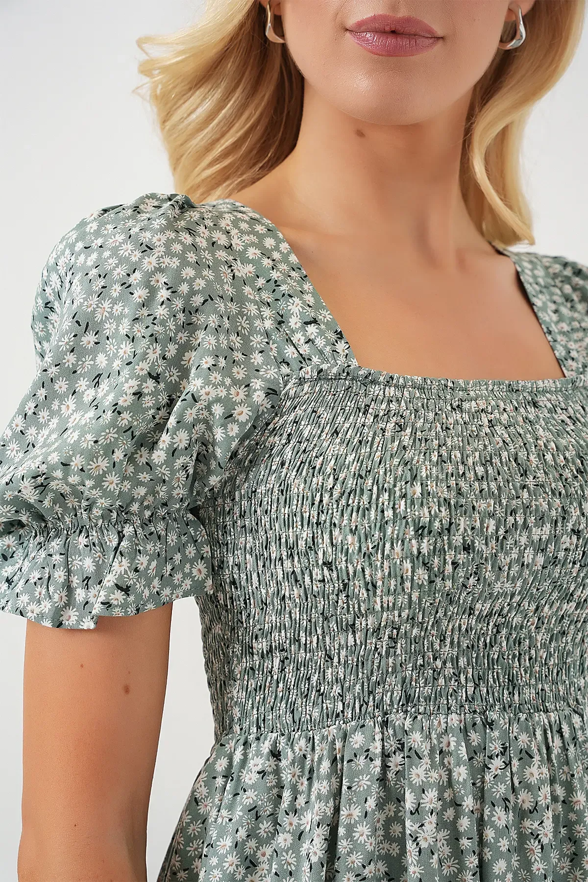 Kadın Kısa Kol Çiçekli Elbise 2556 - Mint