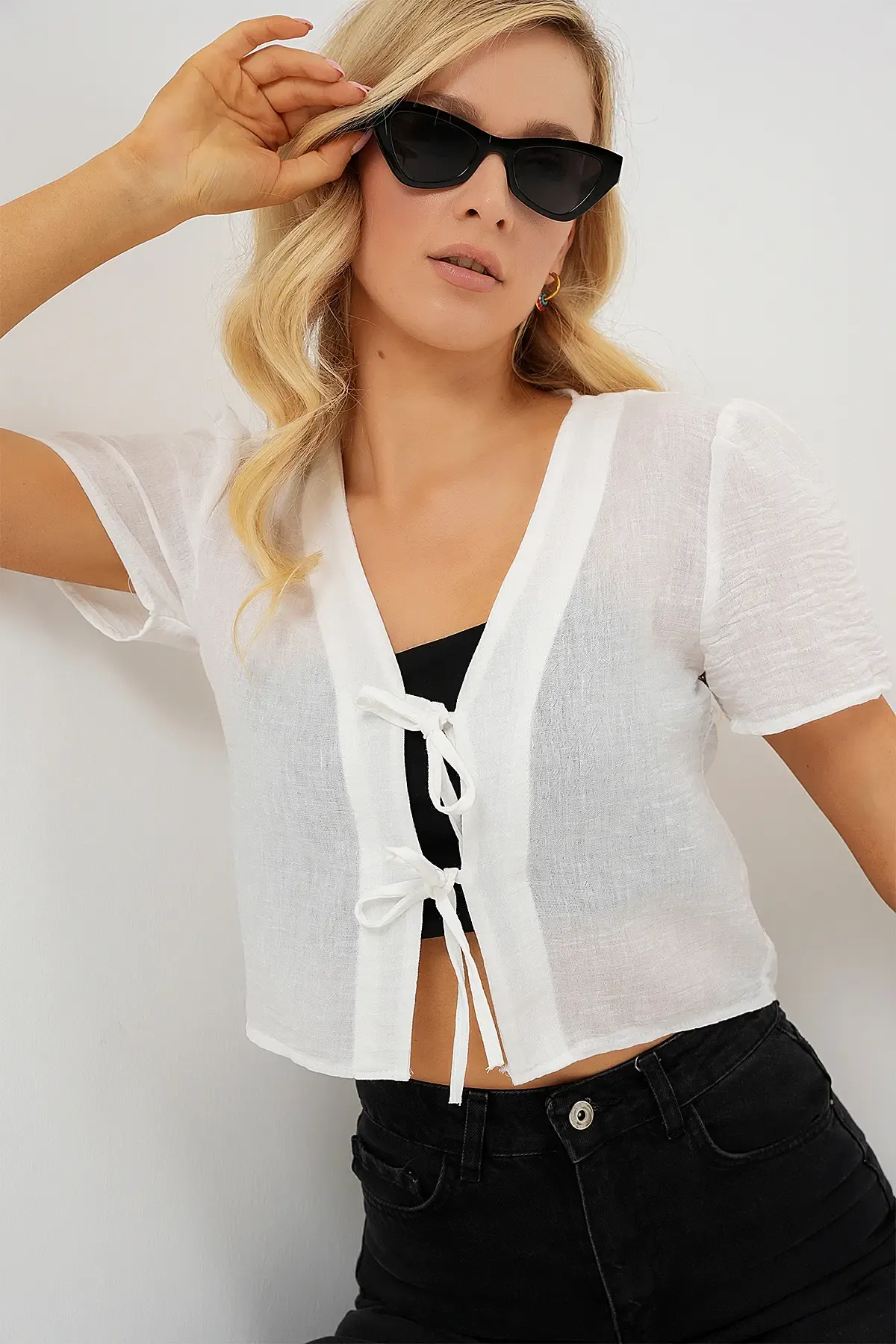 Kadın Kısa Kol Crop Bluz 958 - Beyaz