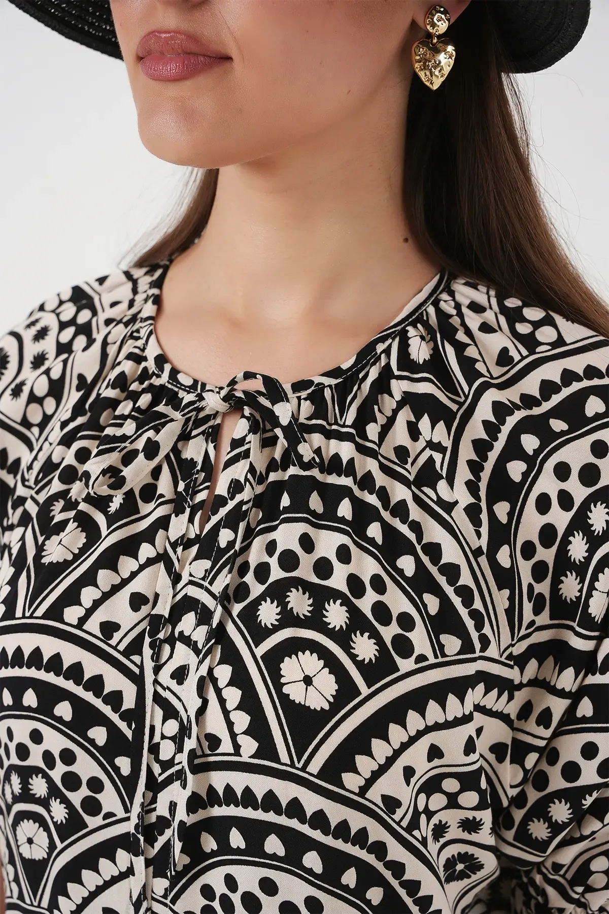 Kadın Kısa Kol Desenli Elbise 2553 - Siyah