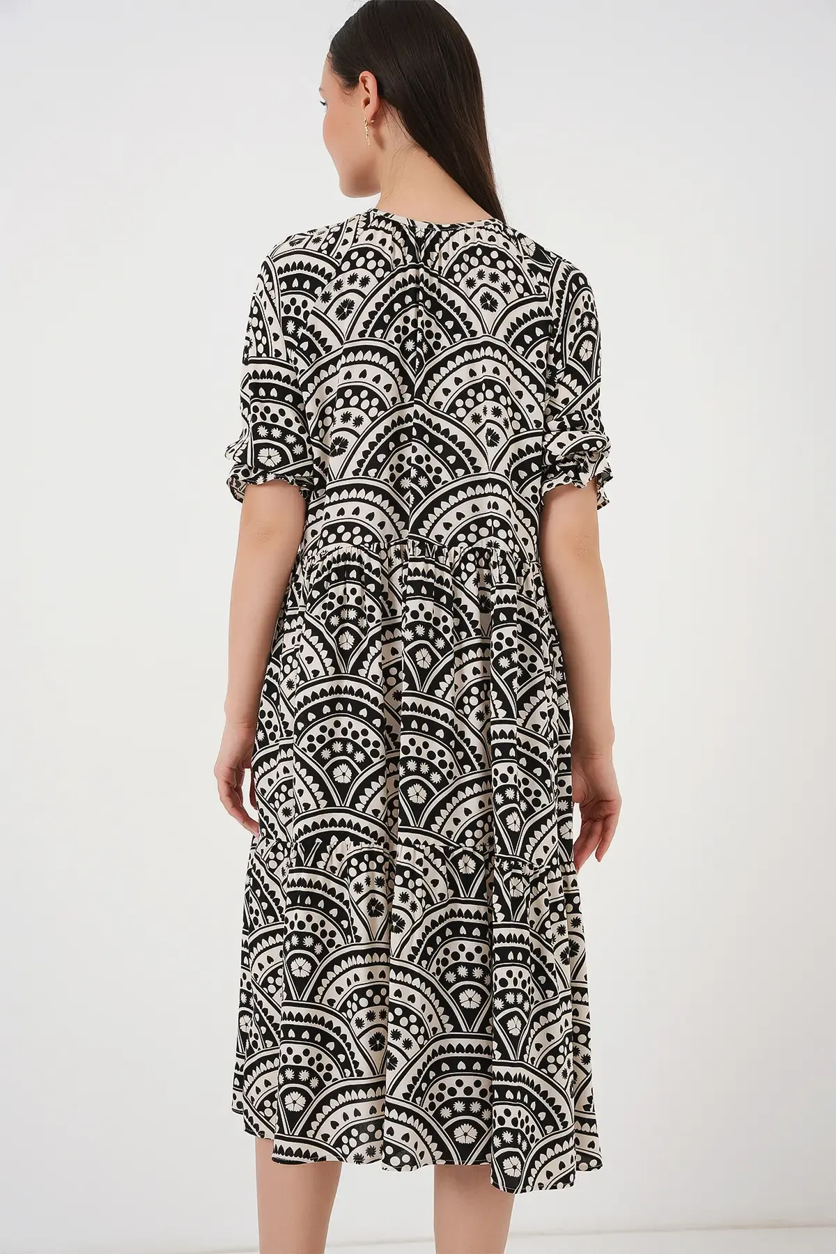 Kadın Kısa Kol Desenli Elbise 2553 - Siyah