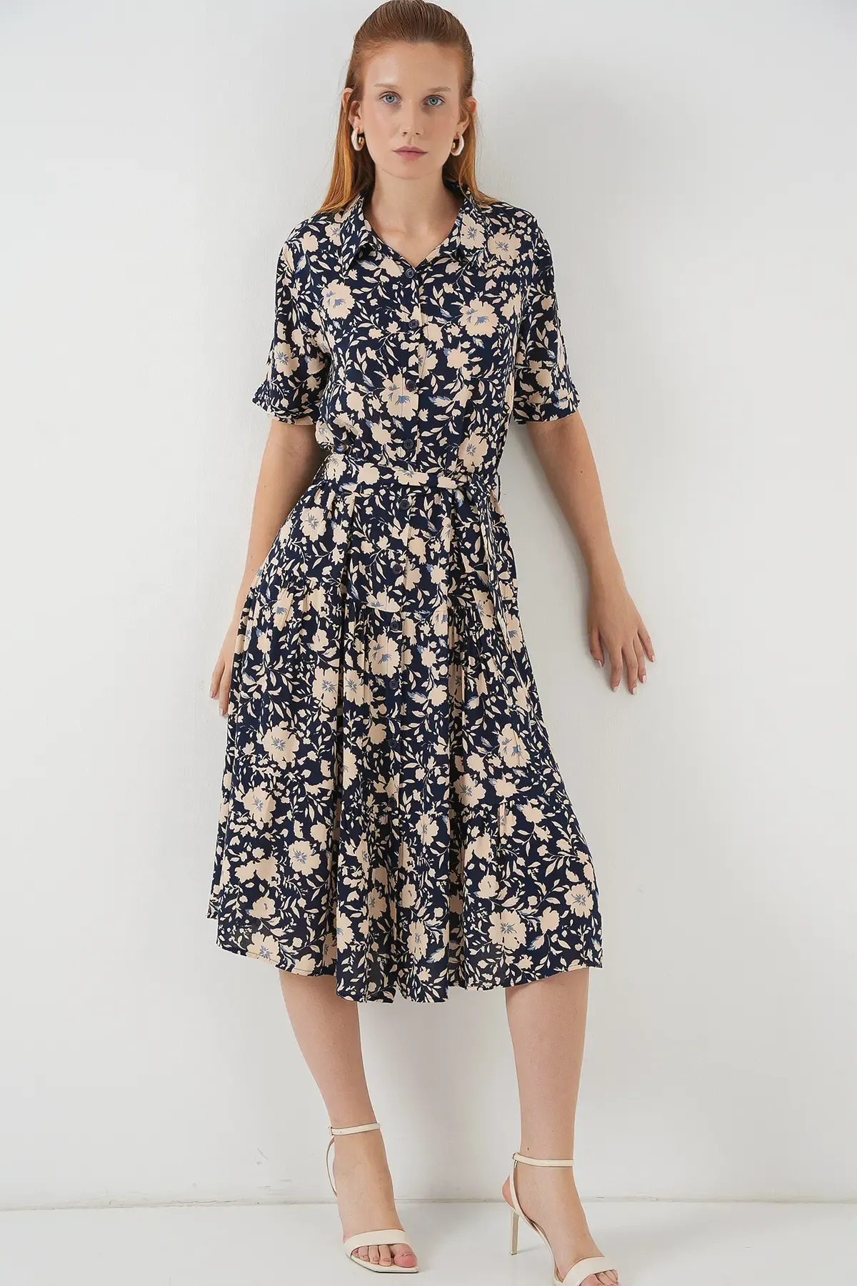 Kadın Kısa Kol Desenli Elbise 2560 - Lacivert