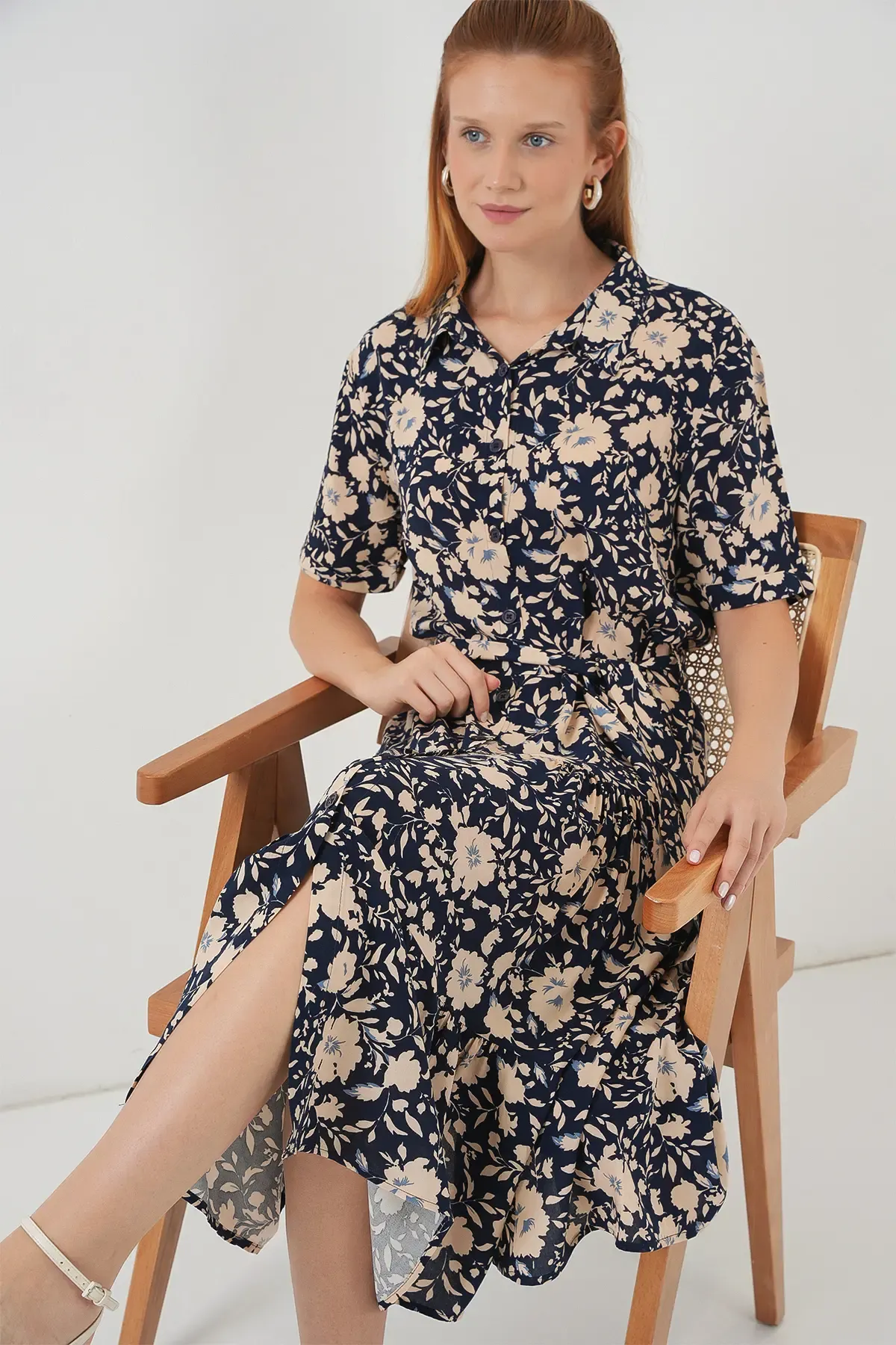 Kadın Kısa Kol Desenli Elbise 2560 - Lacivert