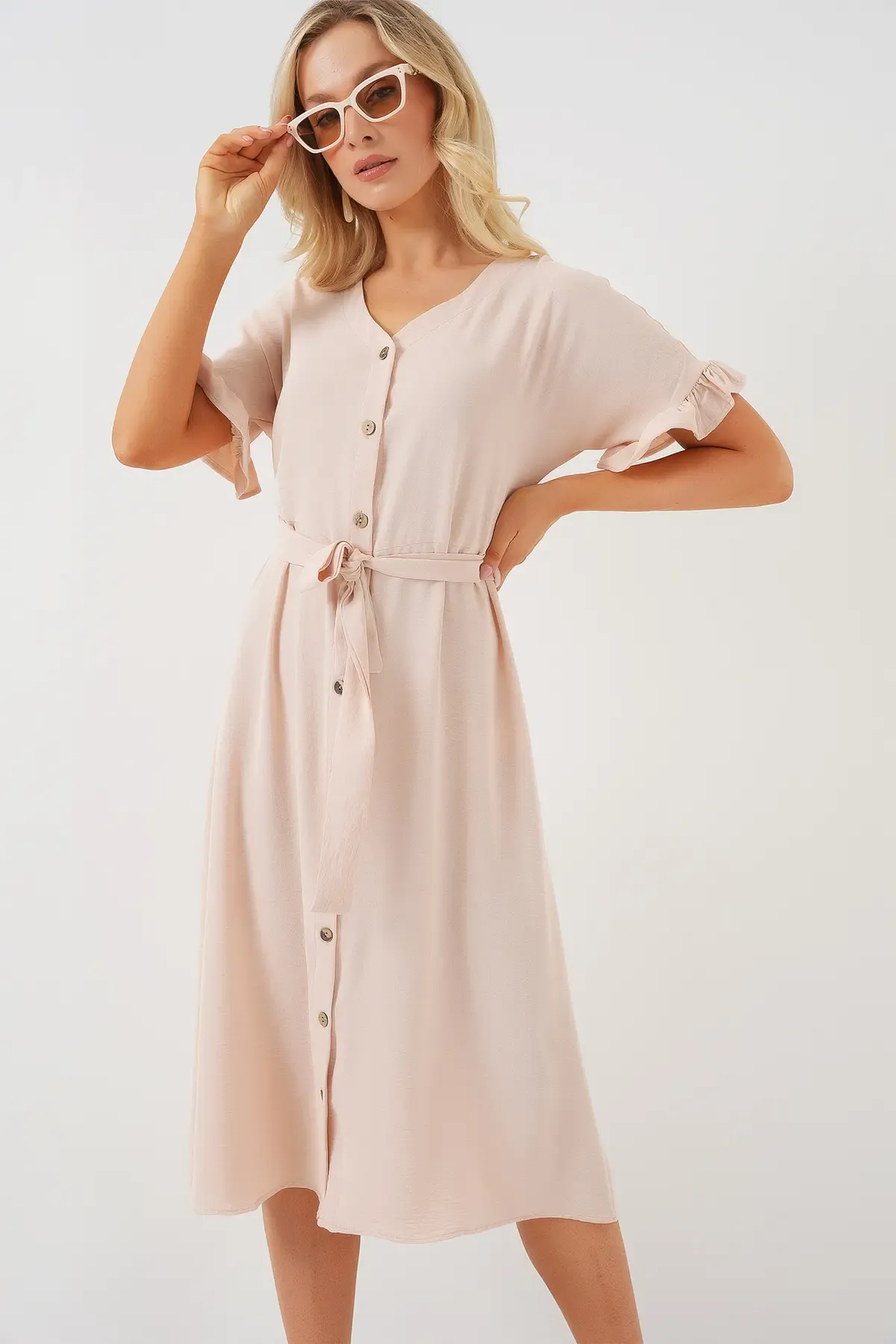 Kadın Kısa Kol Düğmeli Elbise 2555 - Krem