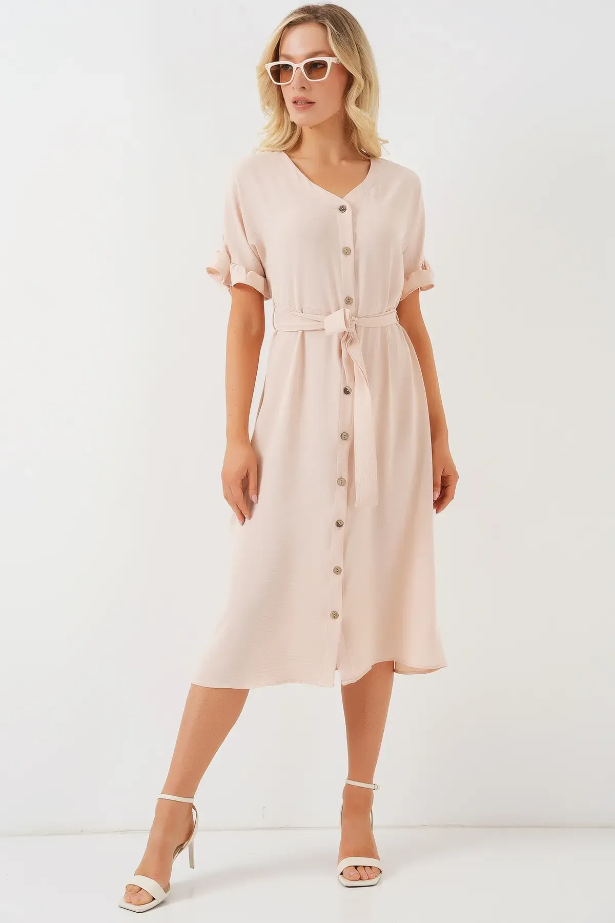 Kadın Kısa Kol Düğmeli Elbise 2555 - Krem