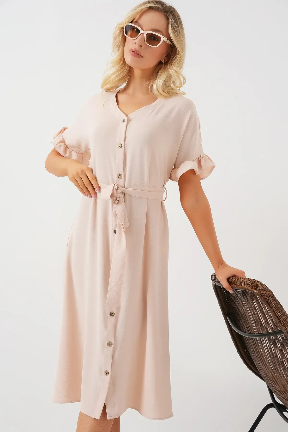 Kadın Kısa Kol Düğmeli Elbise 2555 - Krem