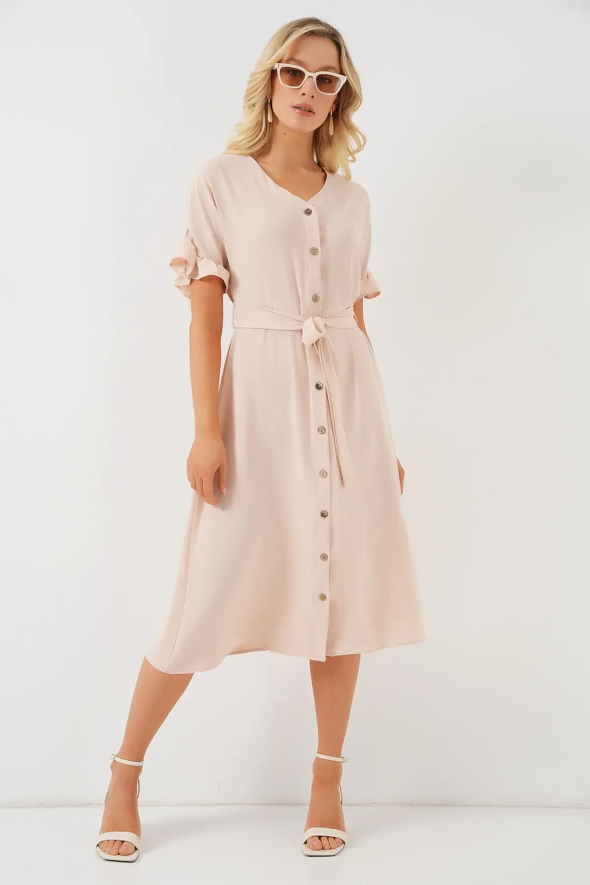 Kadın Kısa Kol Düğmeli Elbise 2555 - Krem