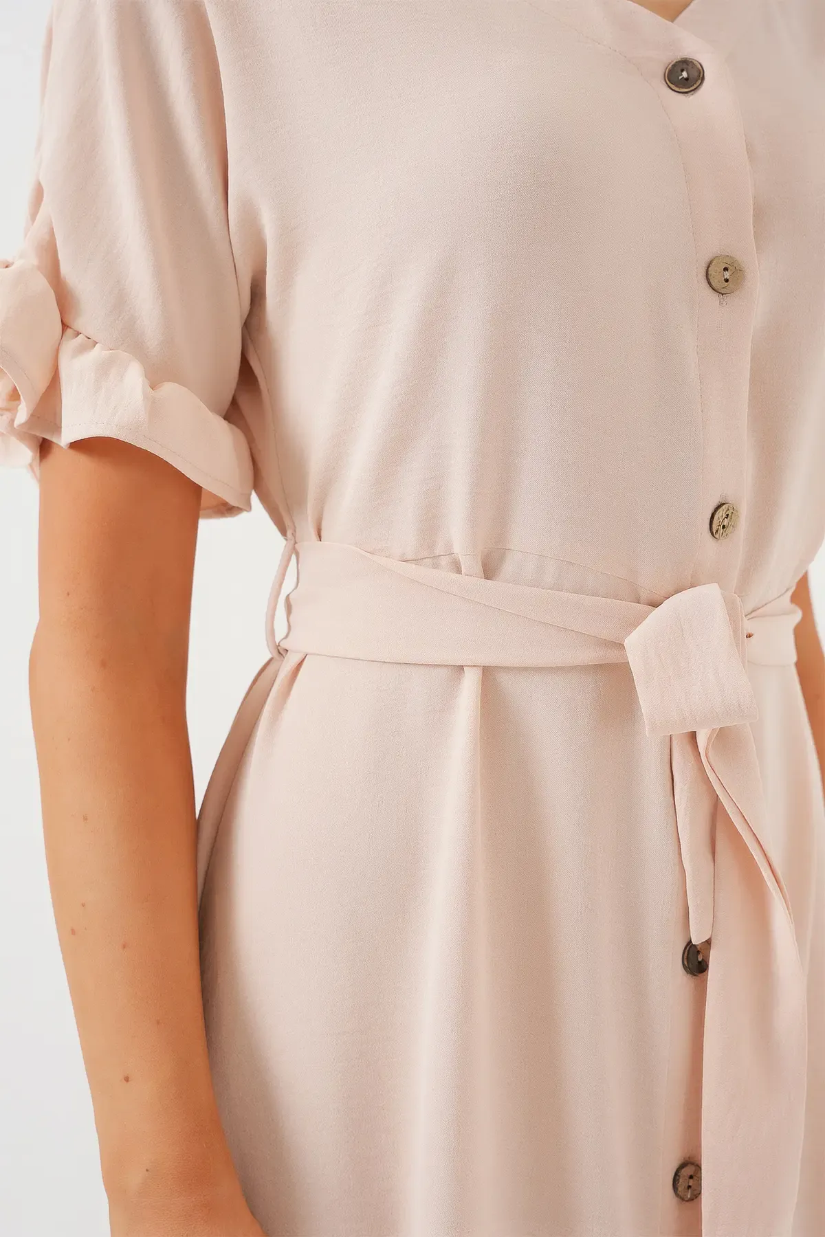 Kadın Kısa Kol Düğmeli Elbise 2555 - Krem