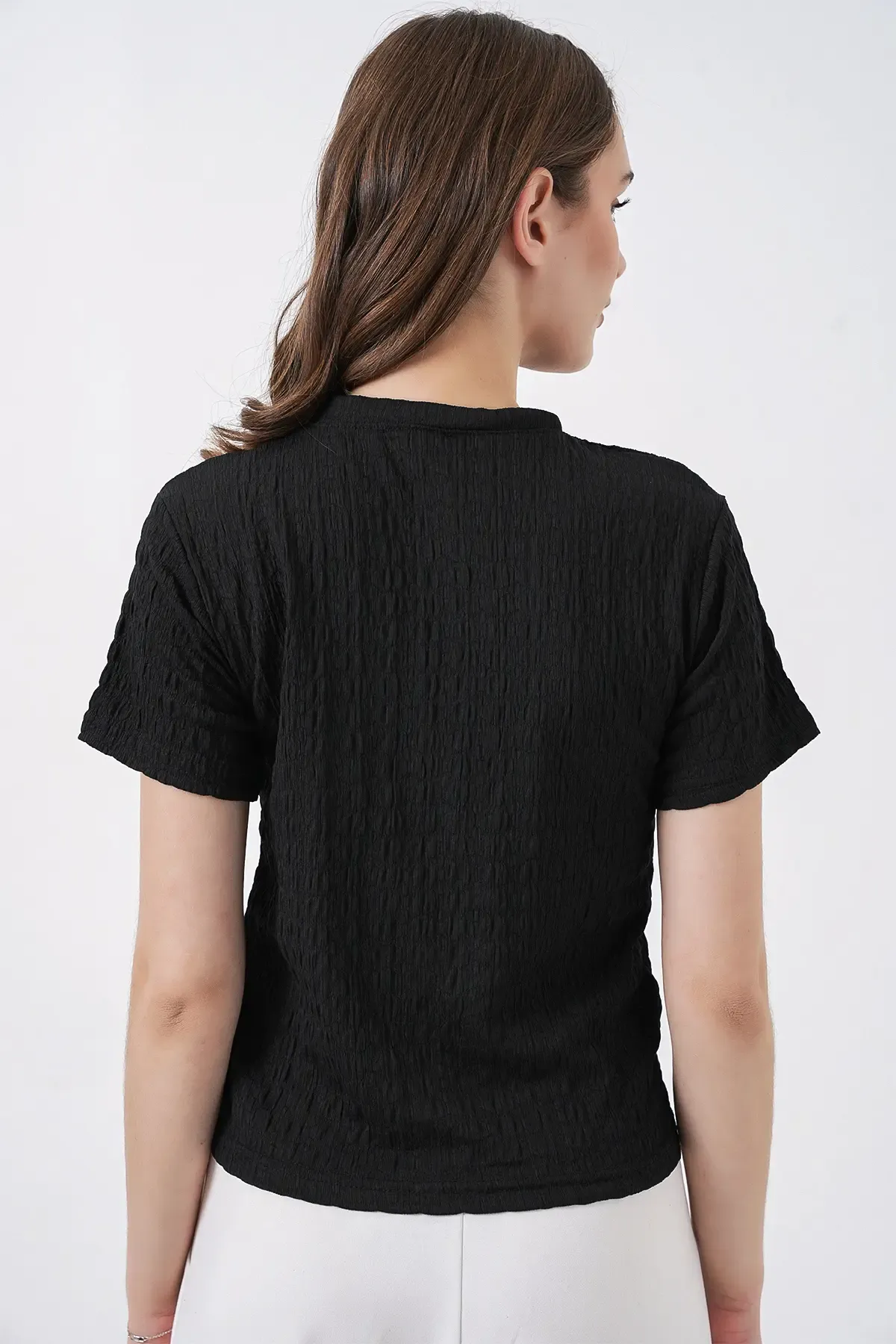 Kadın Kısa Kol Fularlı Örme Bluz 981 - Siyah
