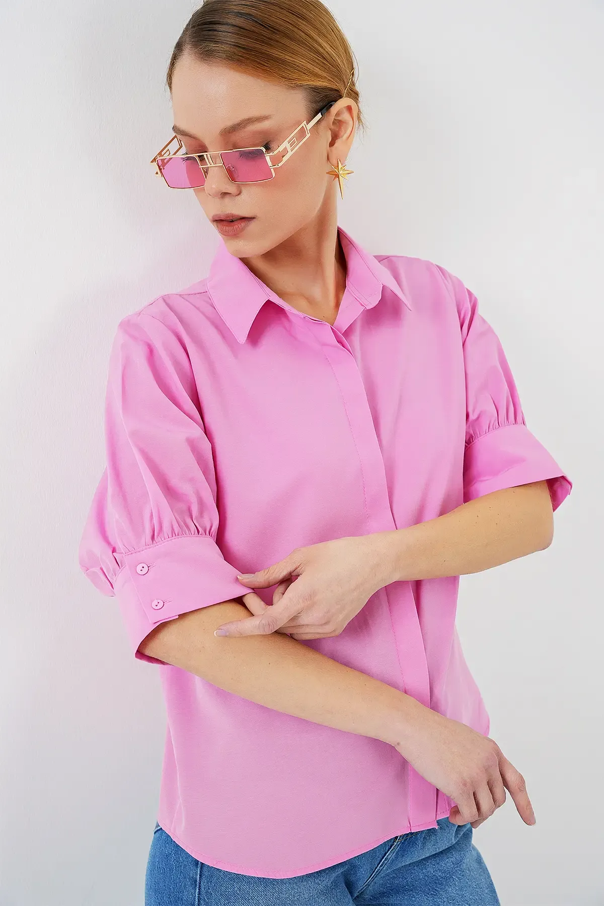 Kadın Kısa Kol Gömlek 20312 - Pembe