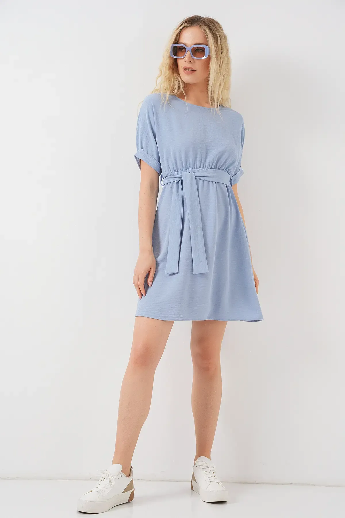Kadın Kısa Kol Mini Ayrobin Elbise 2572 - Mavi