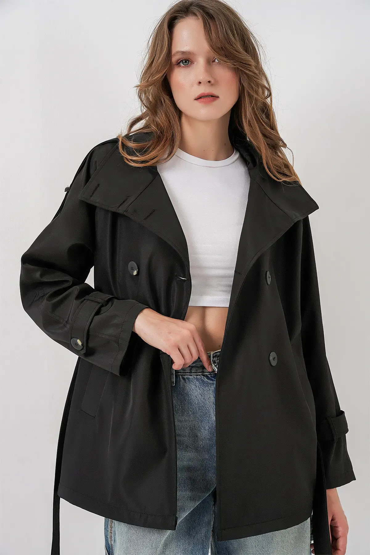 Kadın Kruvaze Yaka Kısa Trençkot 5980 - Siyah