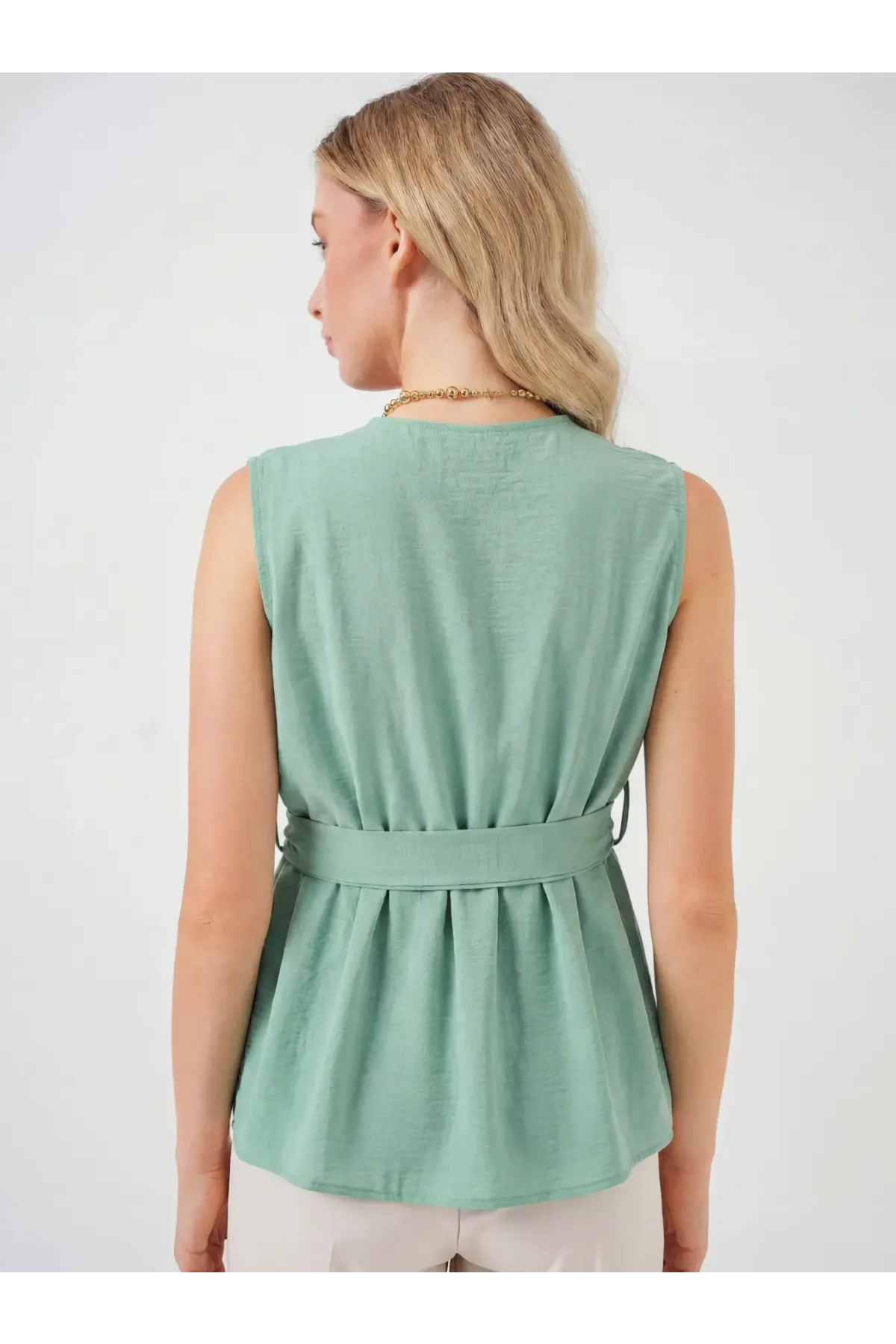 Kadın Kruvaze Yaka Kolsuz Bluz 966 - Çağla