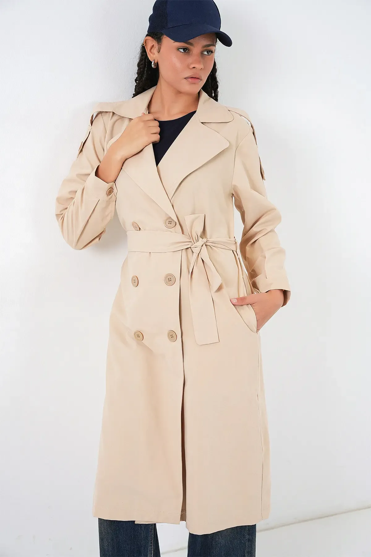 Kadın Kruvaze Yaka Trençkot 5978 - Bej