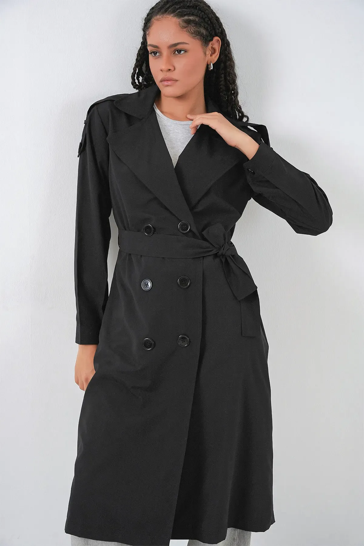 Kadın Kruvaze Yaka Trençkot 5978 - Siyah