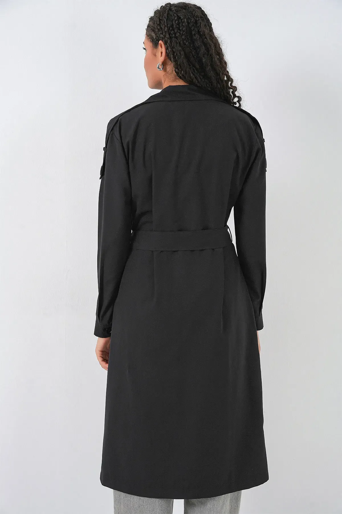 Kadın Kruvaze Yaka Trençkot 5978 - Siyah