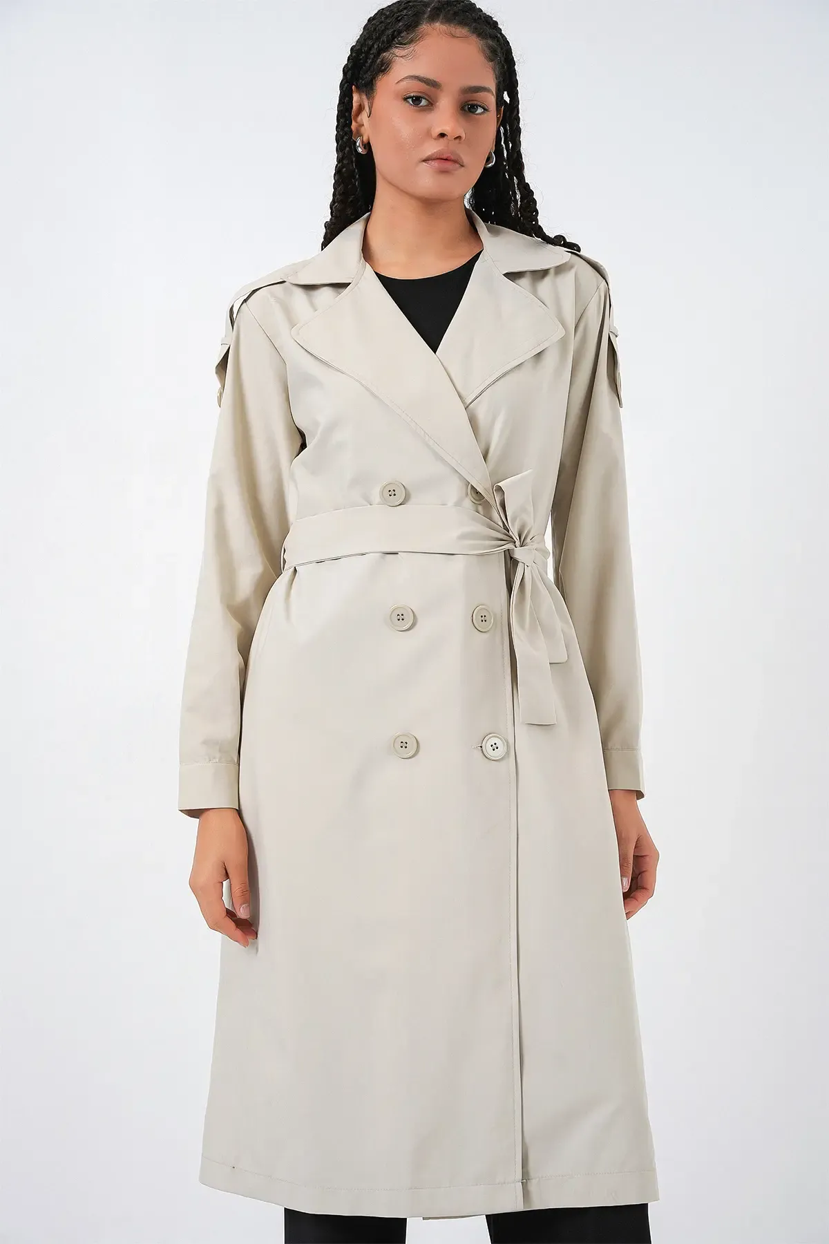 Kadın Kruvaze Yaka Trençkot 5978 - Taş