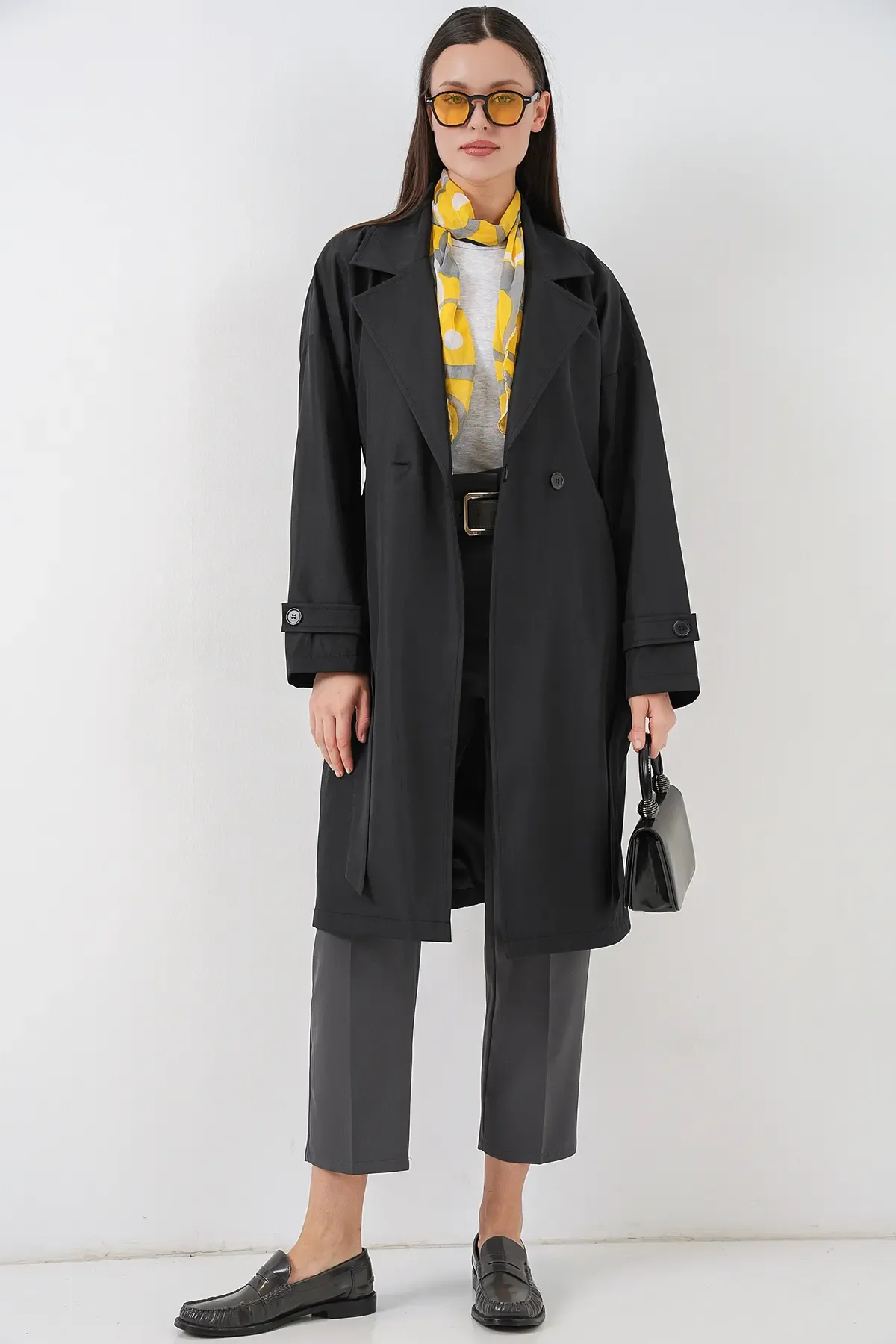 Kadın Kruvaze Yaka Trençkot 5987 - Siyah