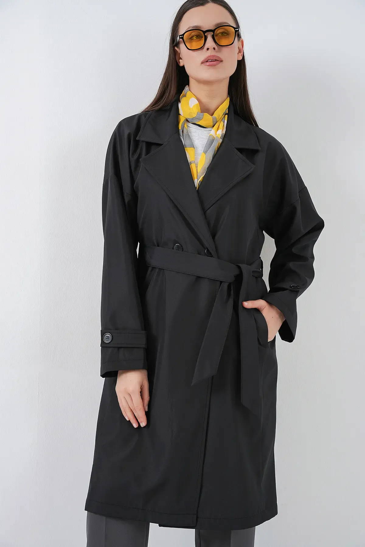 Kadın Kruvaze Yaka Trençkot 5987 - Siyah