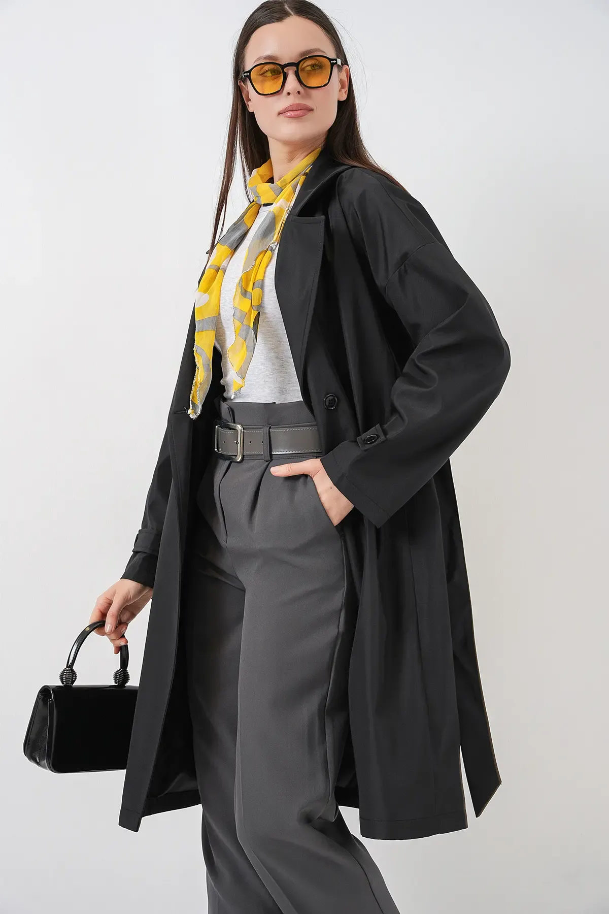 Kadın Kruvaze Yaka Trençkot 5987 - Siyah