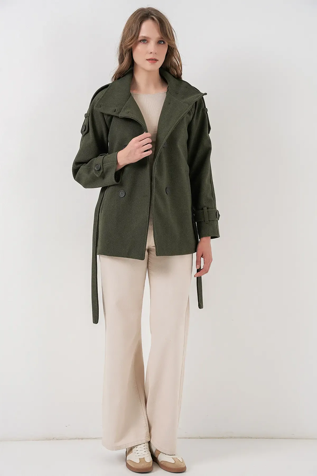 Kadın Kuşaklı Kaşe Kaban 9162 - Haki