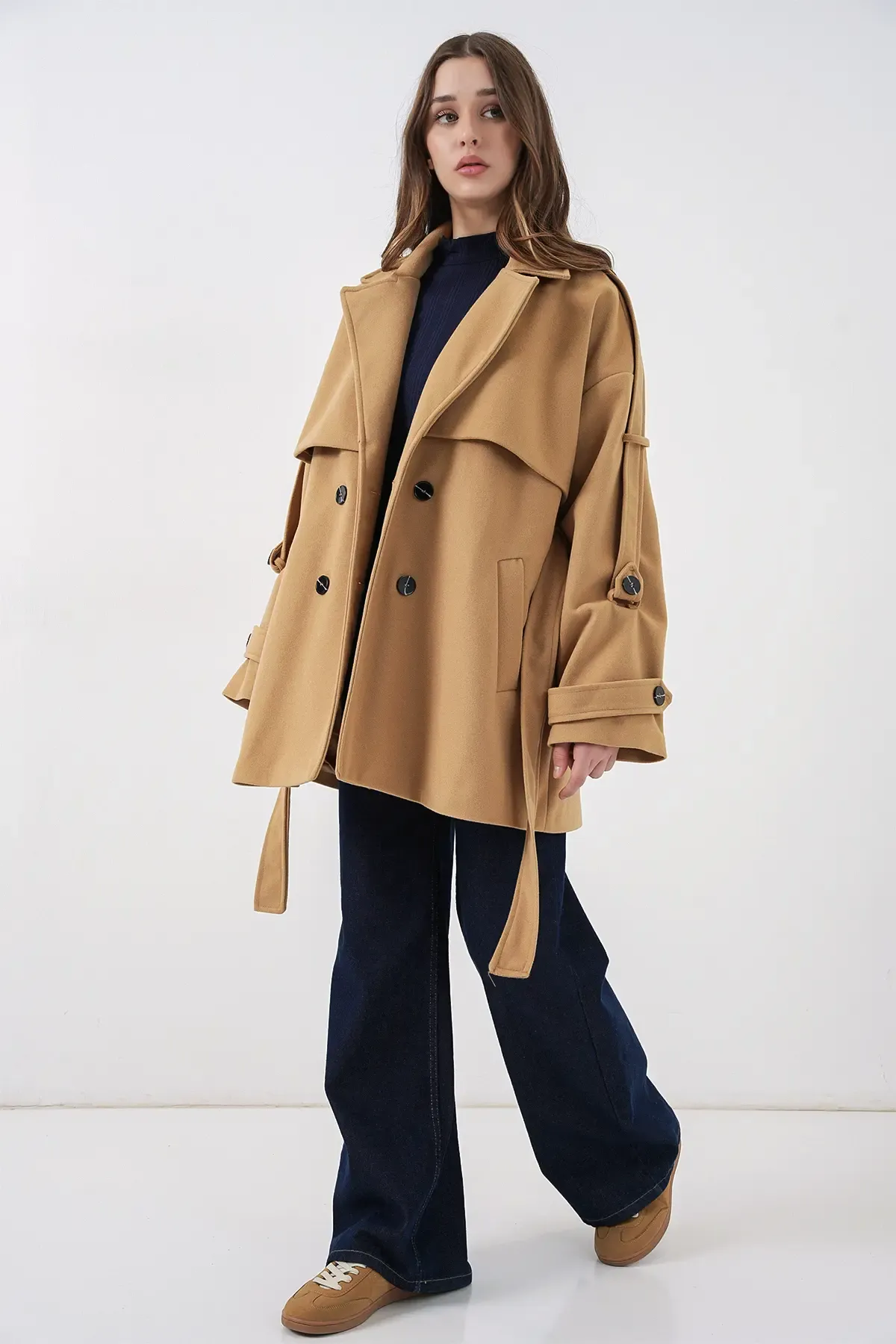 Kadın Kuşaklı Oversize Kaşe Kaban 9157 - Hardal