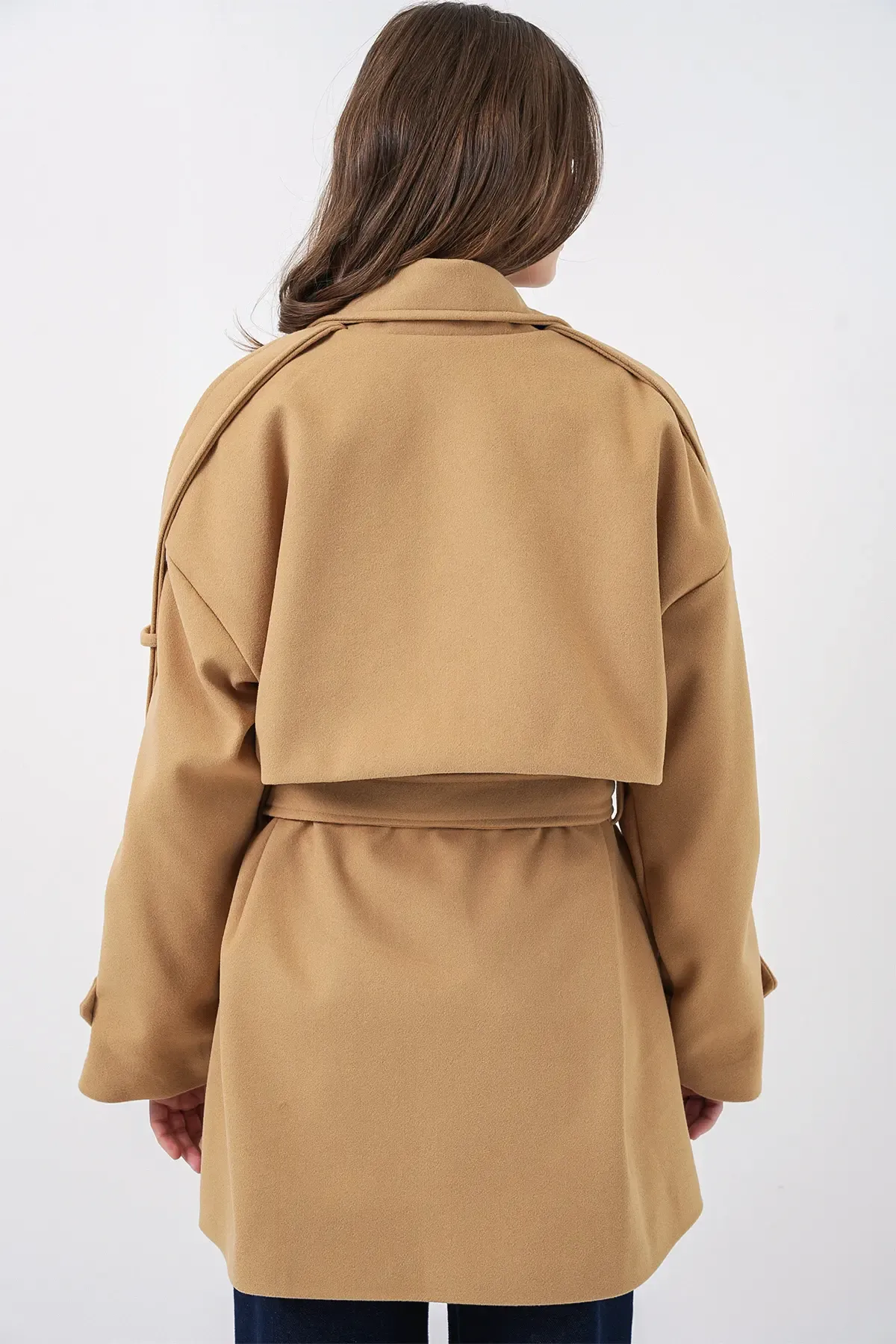 Kadın Kuşaklı Oversize Kaşe Kaban 9157 - Hardal