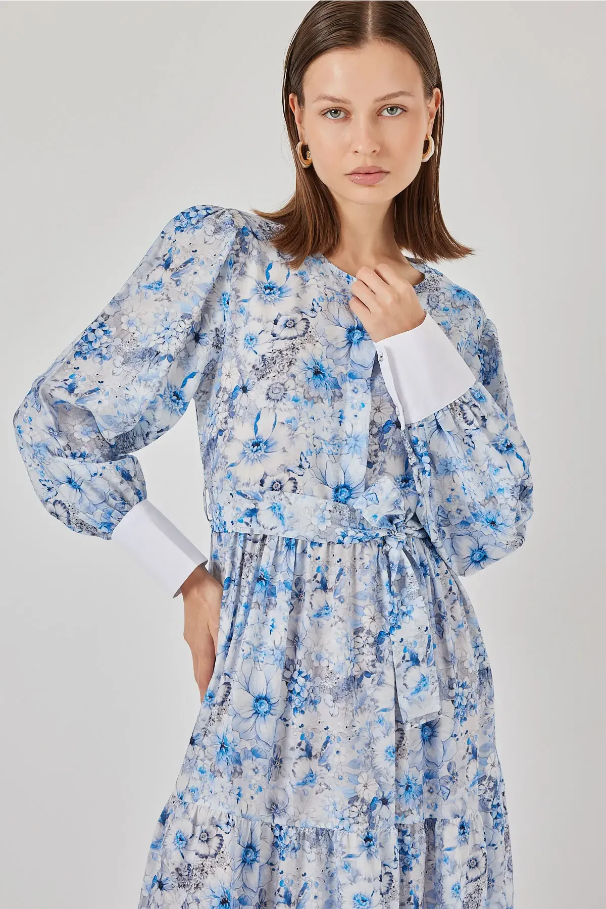 Kadın Kuşaklı Uzun Elbise 2584 - Mavi