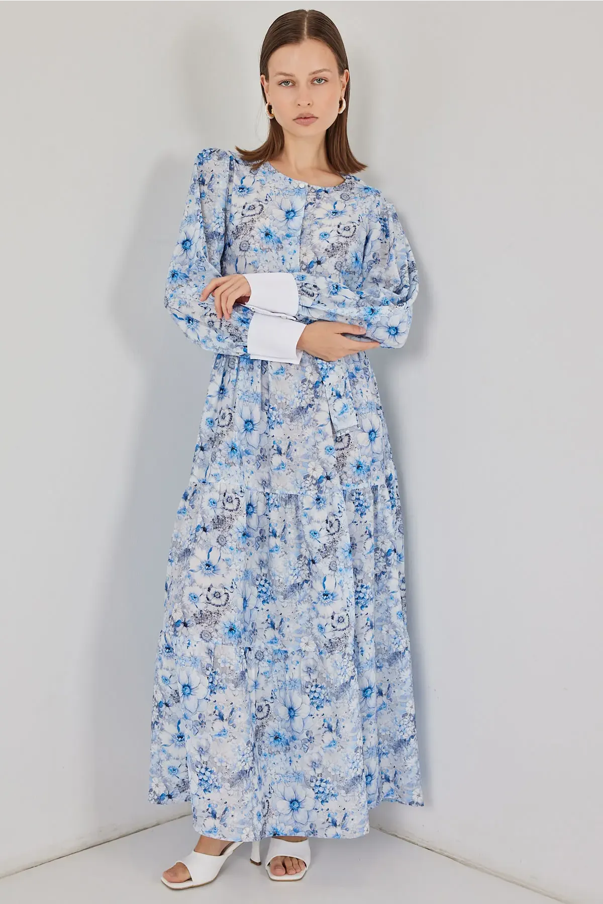 Kadın Kuşaklı Uzun Elbise 2584 - Mavi