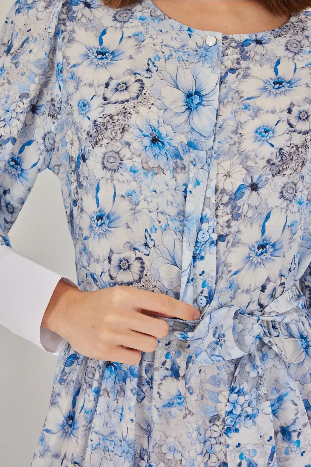 Kadın Kuşaklı Uzun Elbise 2584 - Mavi