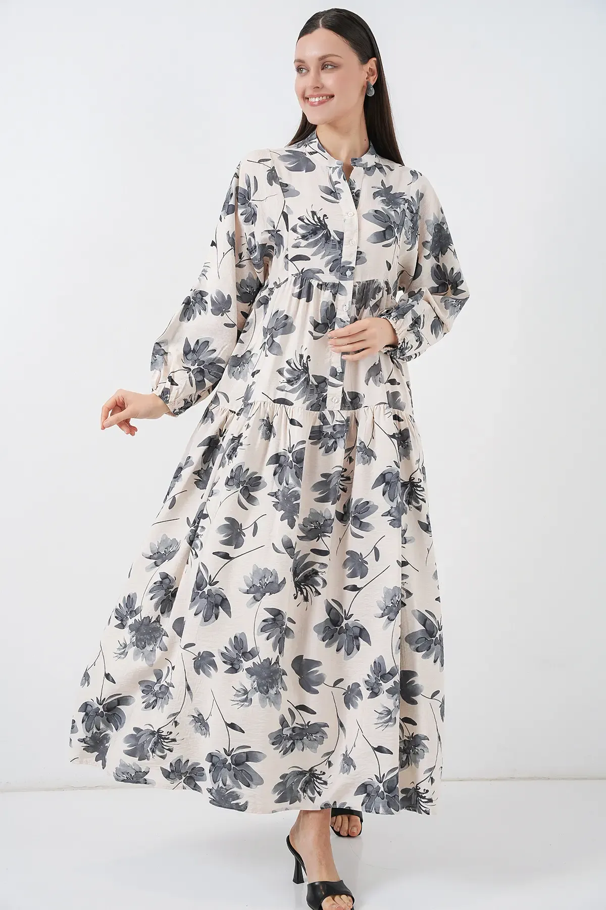 Kadın Lilyum Kumaş Uzun Tesettür Elbise 2593 - Gri