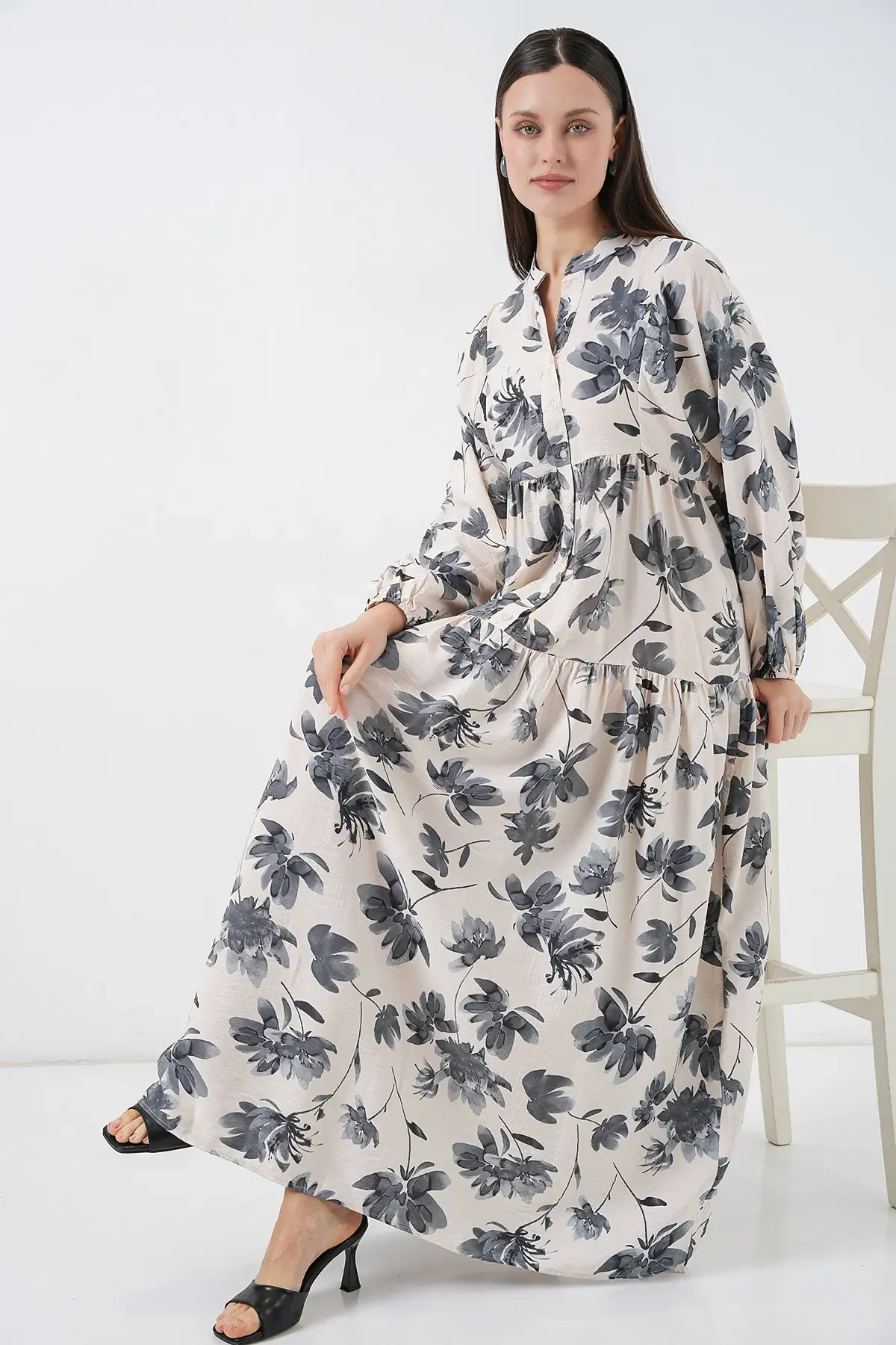 Kadın Lilyum Kumaş Uzun Tesettür Elbise 2593 - Gri