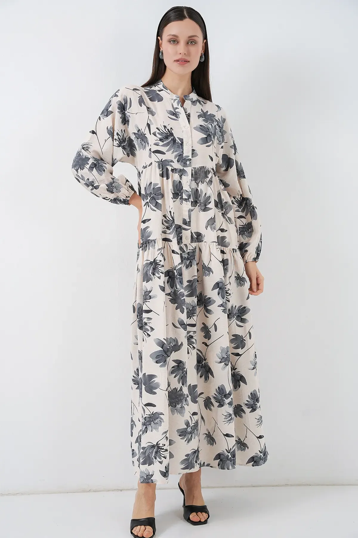 Kadın Lilyum Kumaş Uzun Tesettür Elbise 2593 - Gri