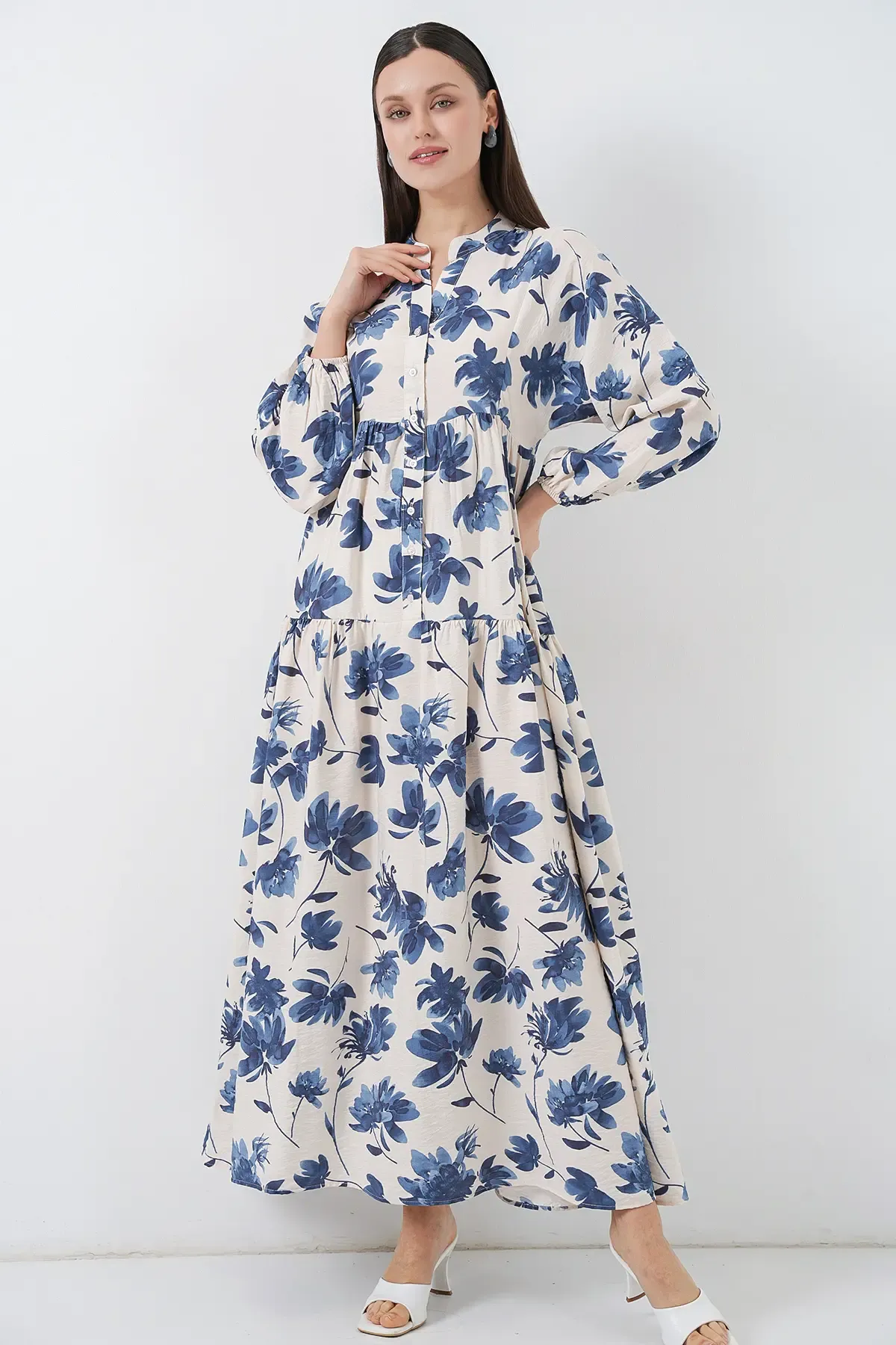 Kadın Lilyum Kumaş Uzun Tesettür Elbise 2593 - İndigo