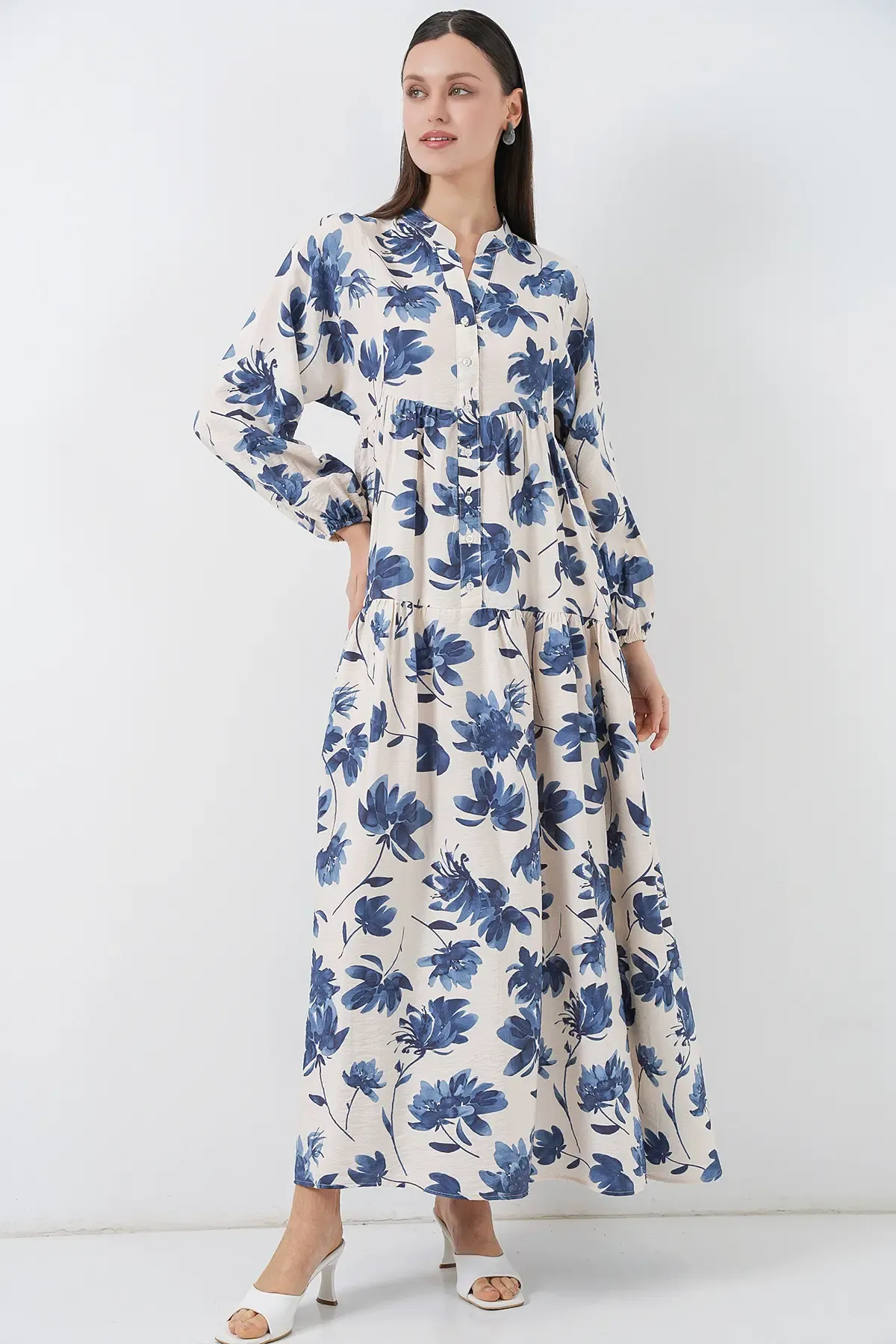 Kadın Lilyum Kumaş Uzun Tesettür Elbise 2593 - İndigo