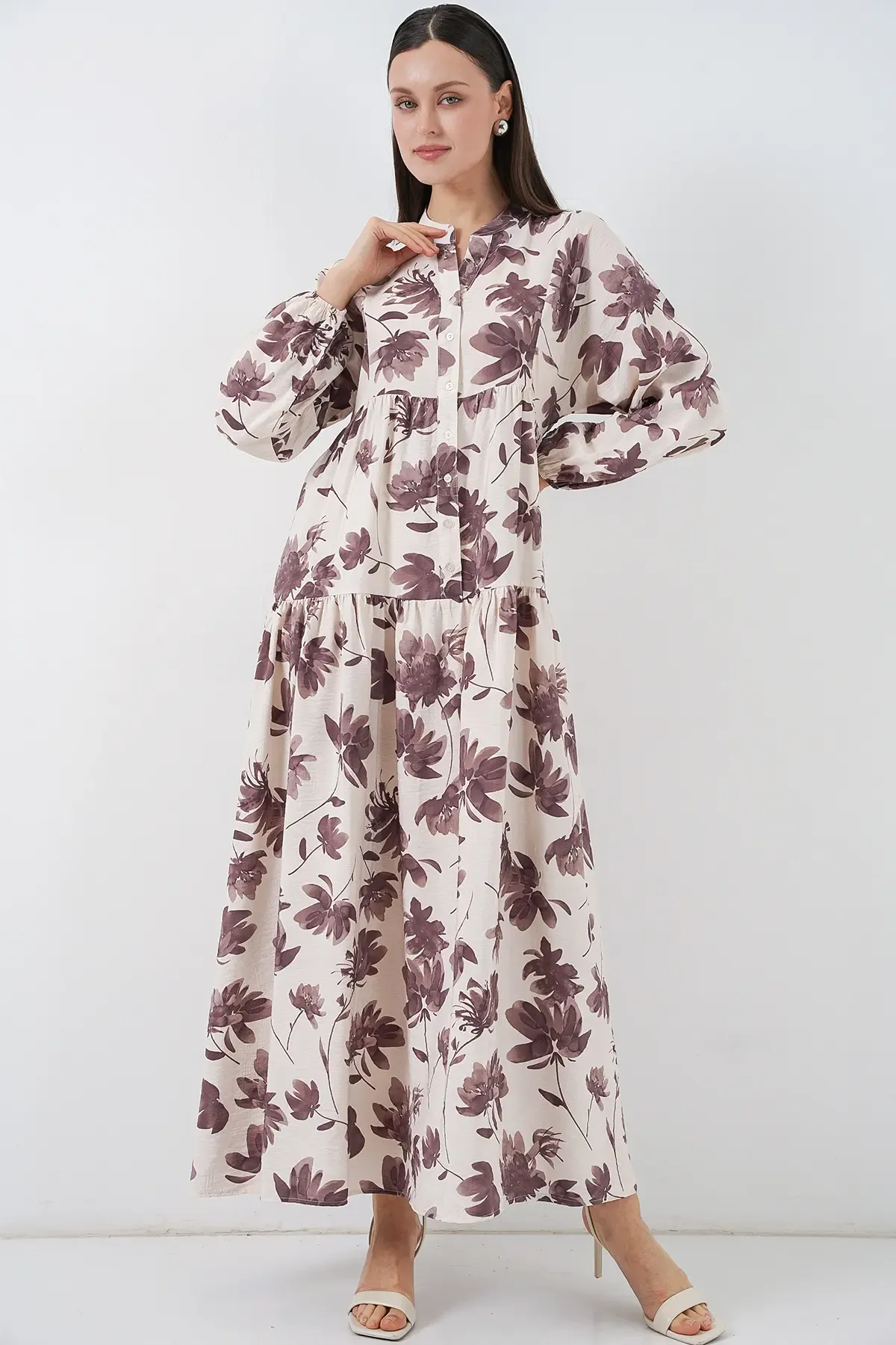 Kadın Lilyum Kumaş Uzun Tesettür Elbise 2593 - Kahverengi