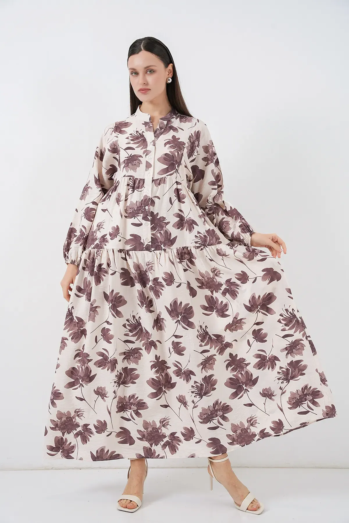 Kadın Lilyum Kumaş Uzun Tesettür Elbise 2593 - Kahverengi