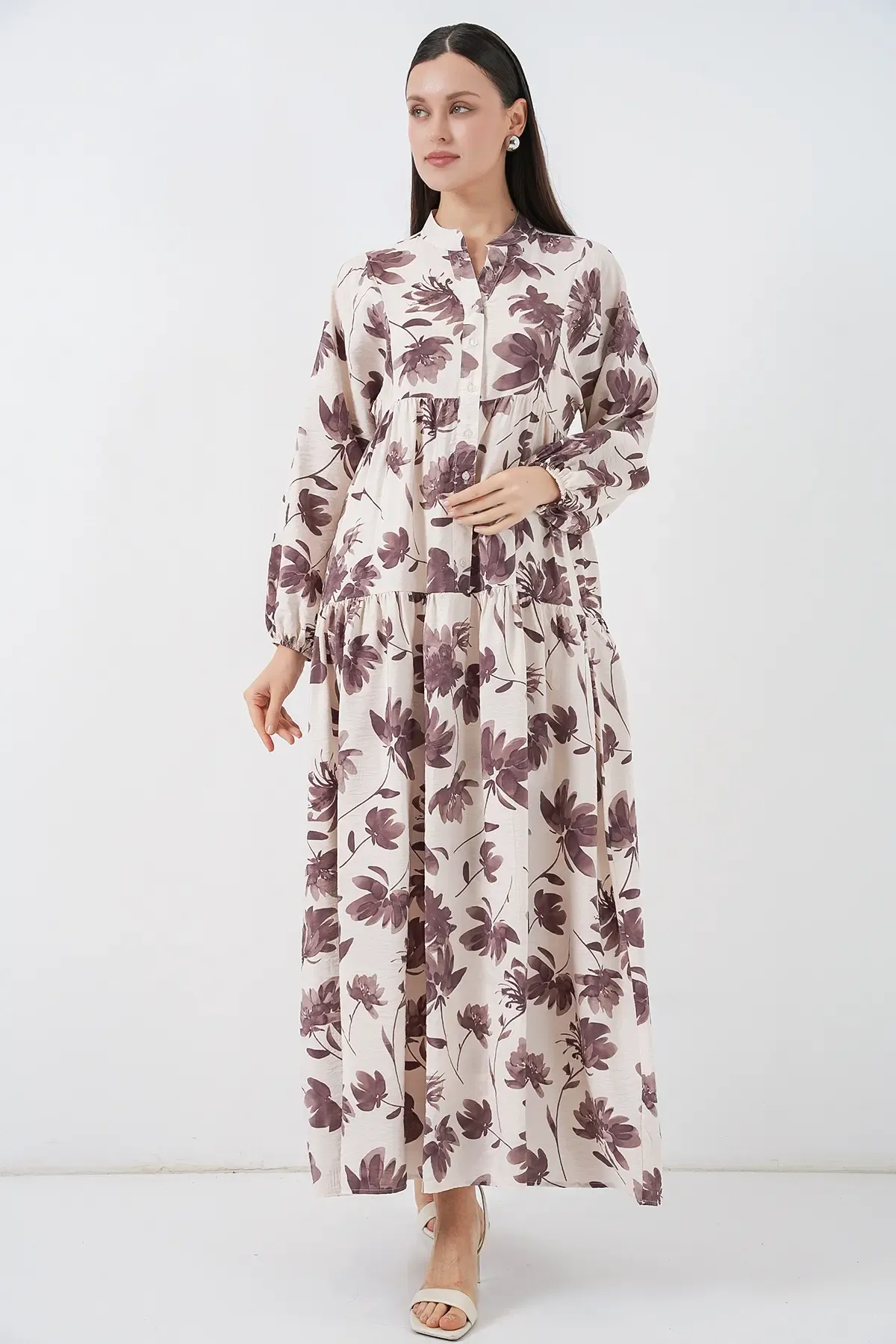 Kadın Lilyum Kumaş Uzun Tesettür Elbise 2593 - Kahverengi