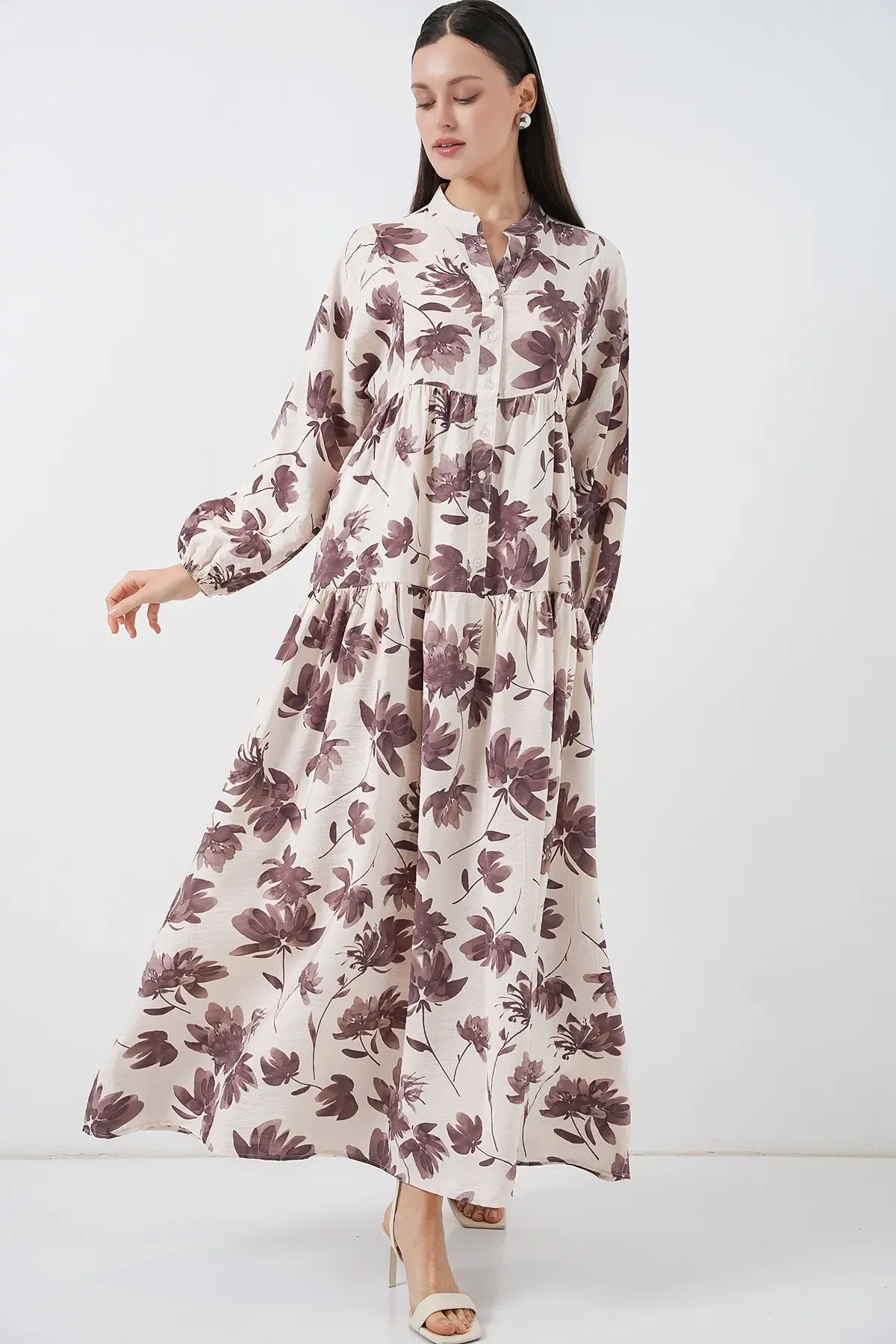 Kadın Lilyum Kumaş Uzun Tesettür Elbise 2593 - Kahverengi