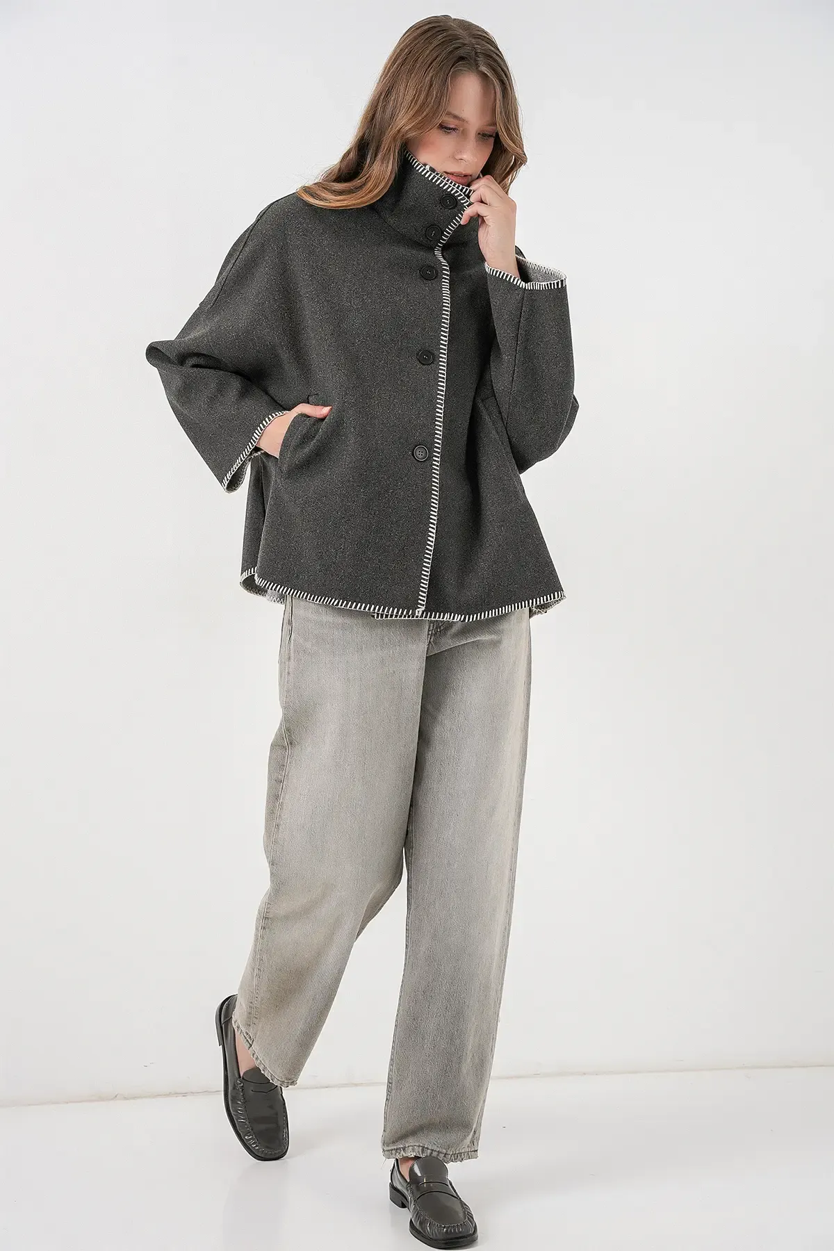 Kadın Nakışlı Kaşe Ceket 9167 - Antrasit