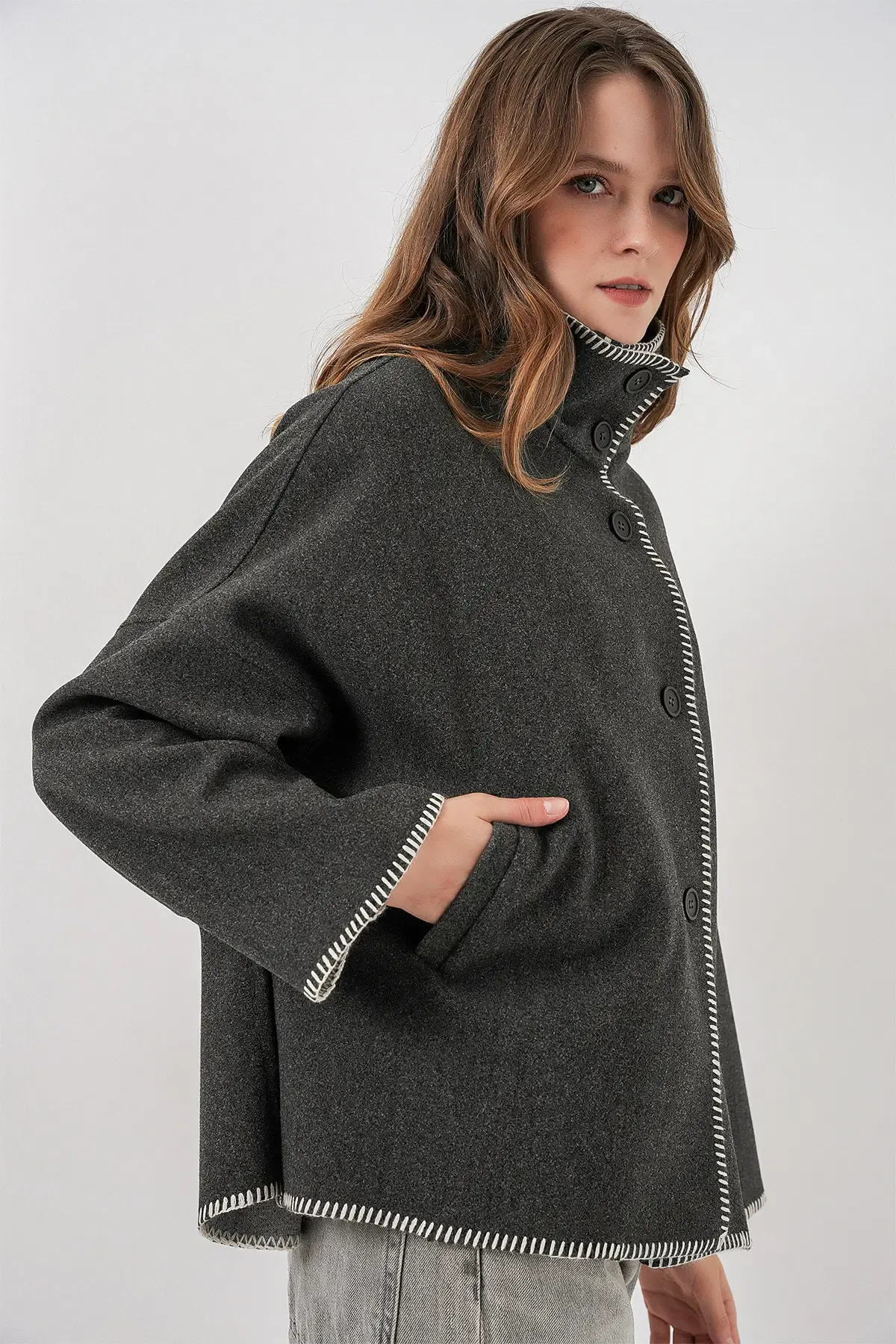 Kadın Nakışlı Kaşe Ceket 9167 - Antrasit