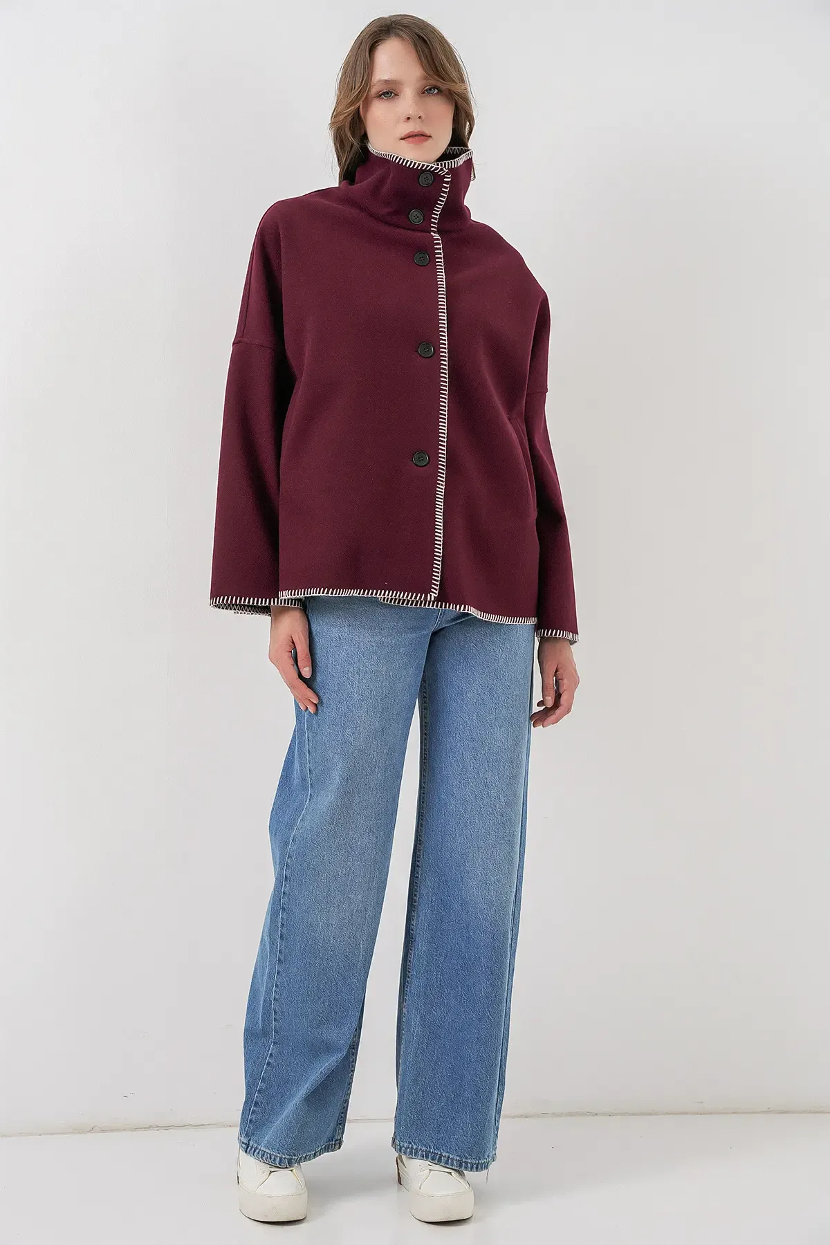 Kadın Nakışlı Kaşe Ceket 9167 - Bordo
