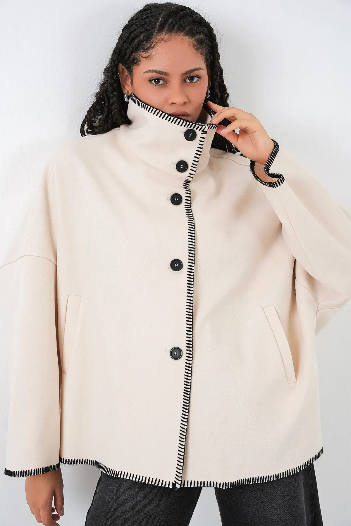 Kadın Nakışlı Kaşe Ceket 9167 - Ekru