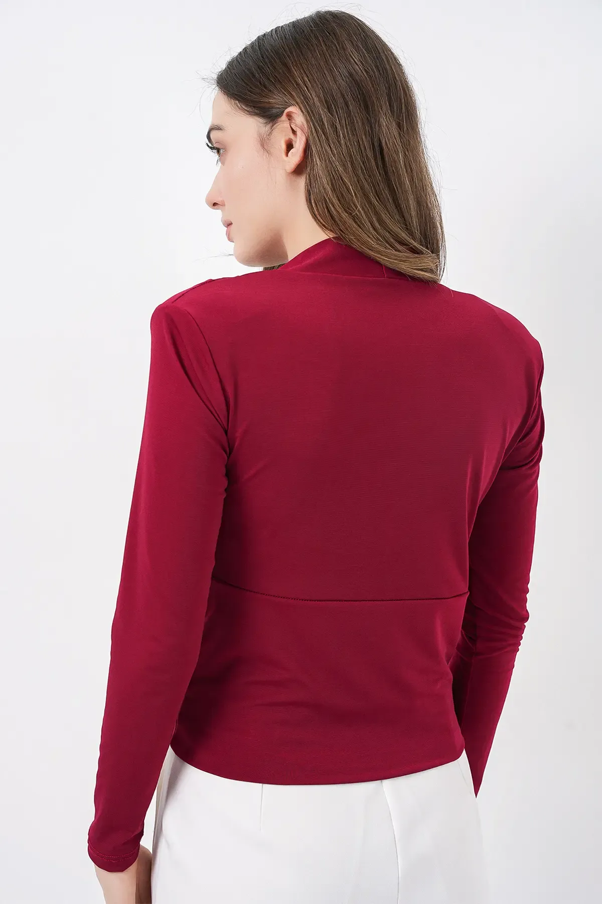 Kadın Omuz Vatkalı Kruvaze Yaka Bluz 942 - Bordo