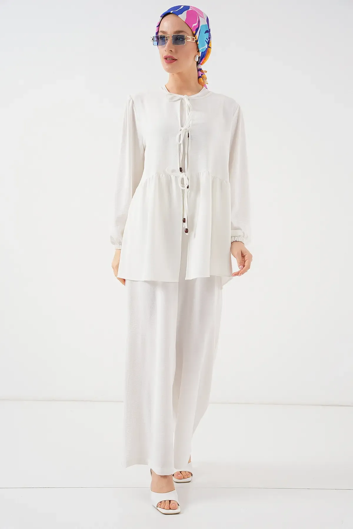 Kadın Önü Bağcıklı Tunik Pantolon İkili Takım 6744 - Beyaz