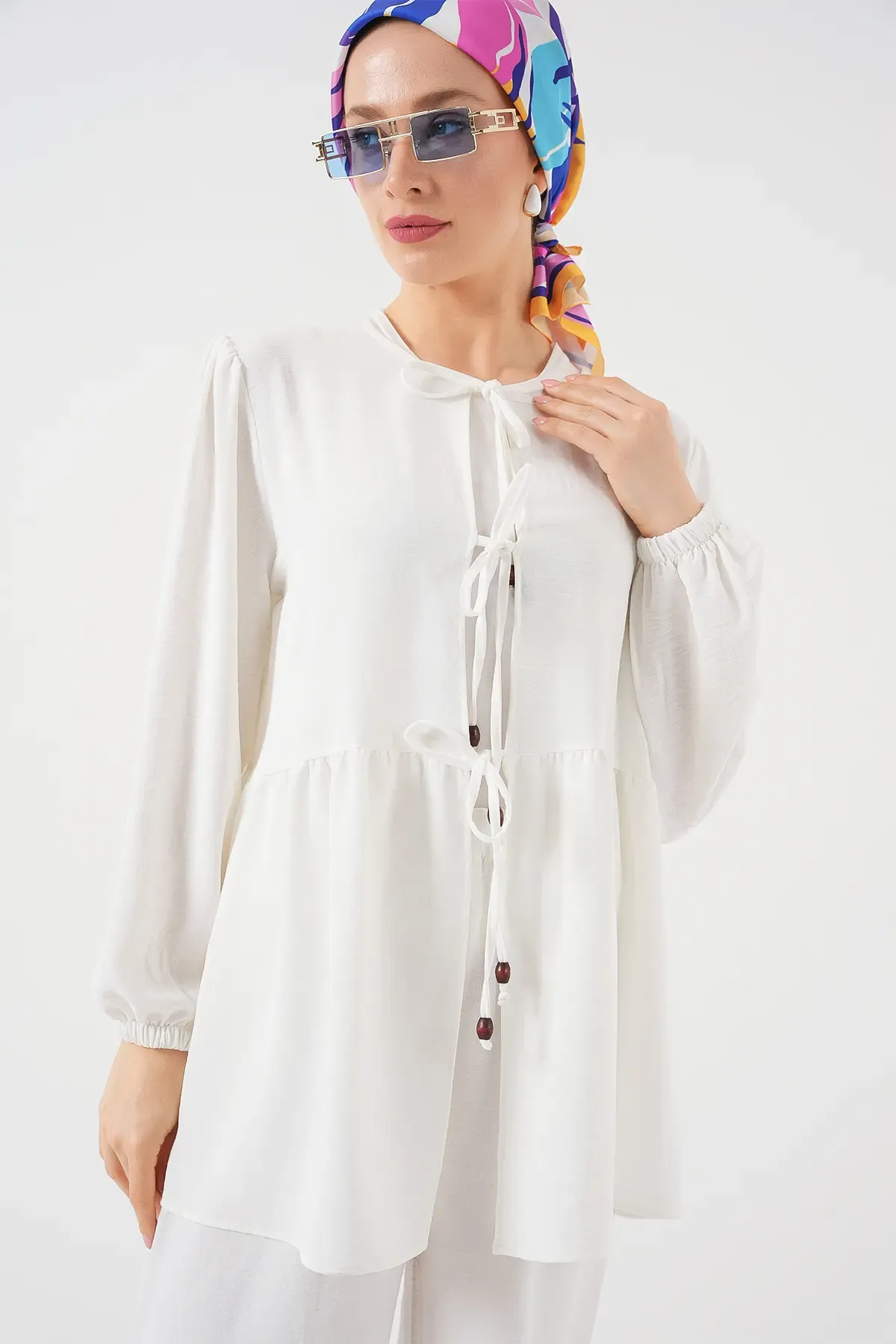 Kadın Önü Bağcıklı Tunik Pantolon İkili Takım 6744 - Beyaz